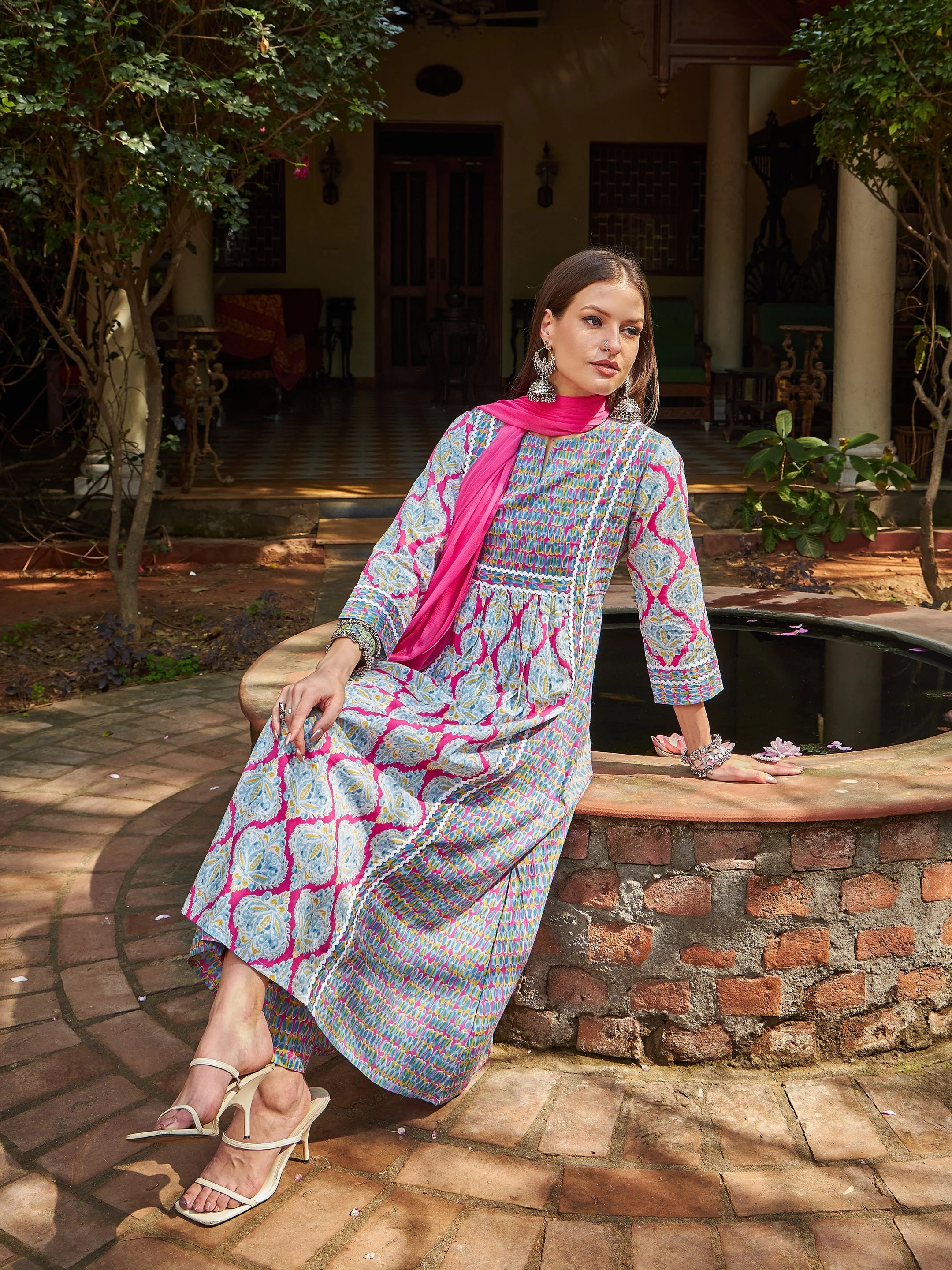 Women Pink & Blue Floral Anarkali Kurta With Pencil Pants & Dupatta