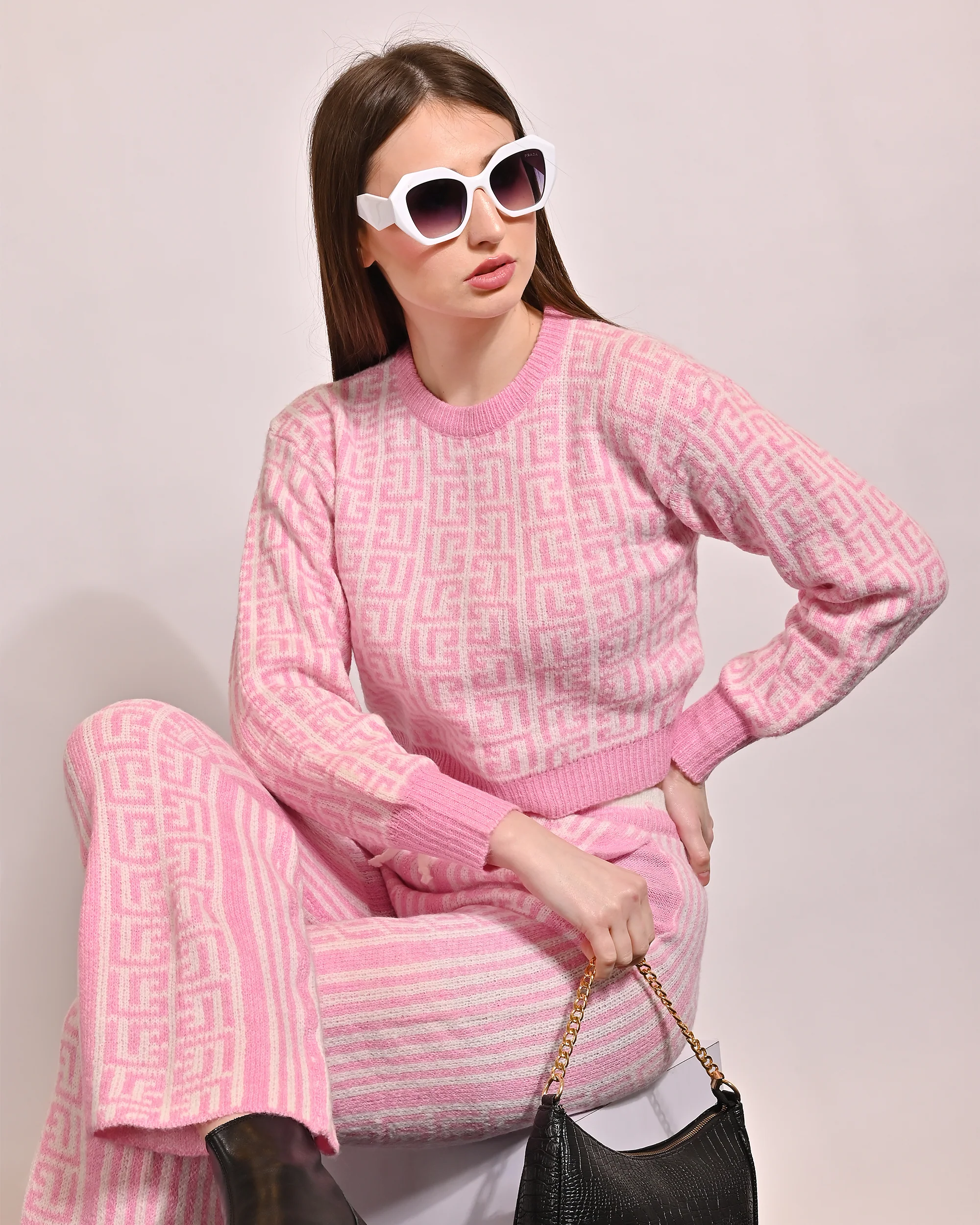 Women Pink Brown Knit Co Ord - Image 3