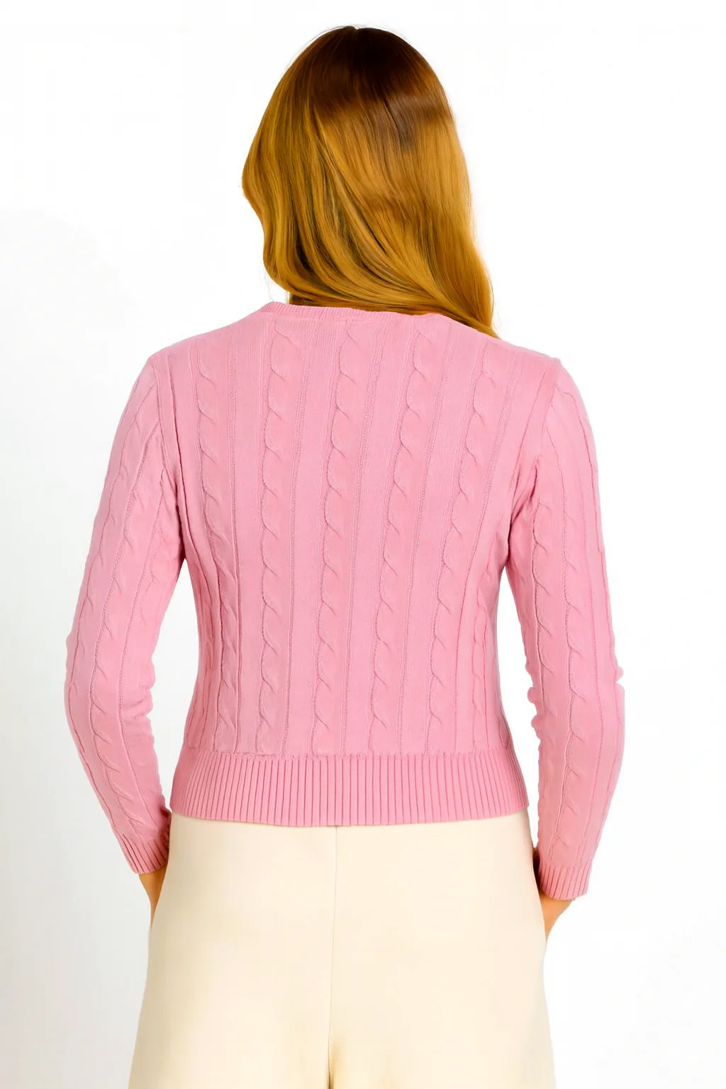 Women Pink Cable Knit Cotton Sweater - Image 4