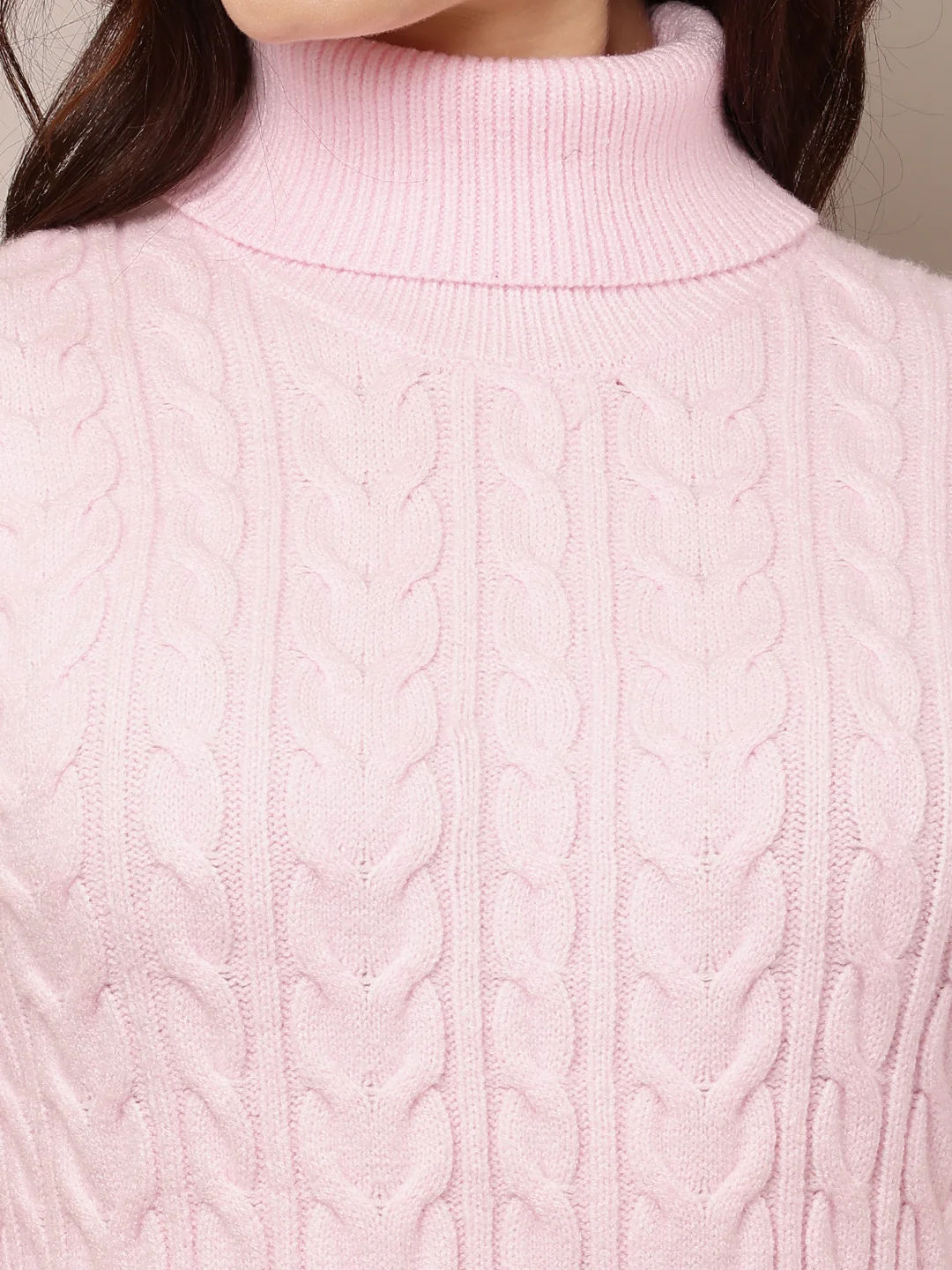 Women Pink Cable Knit High Neck Dress - Image 4