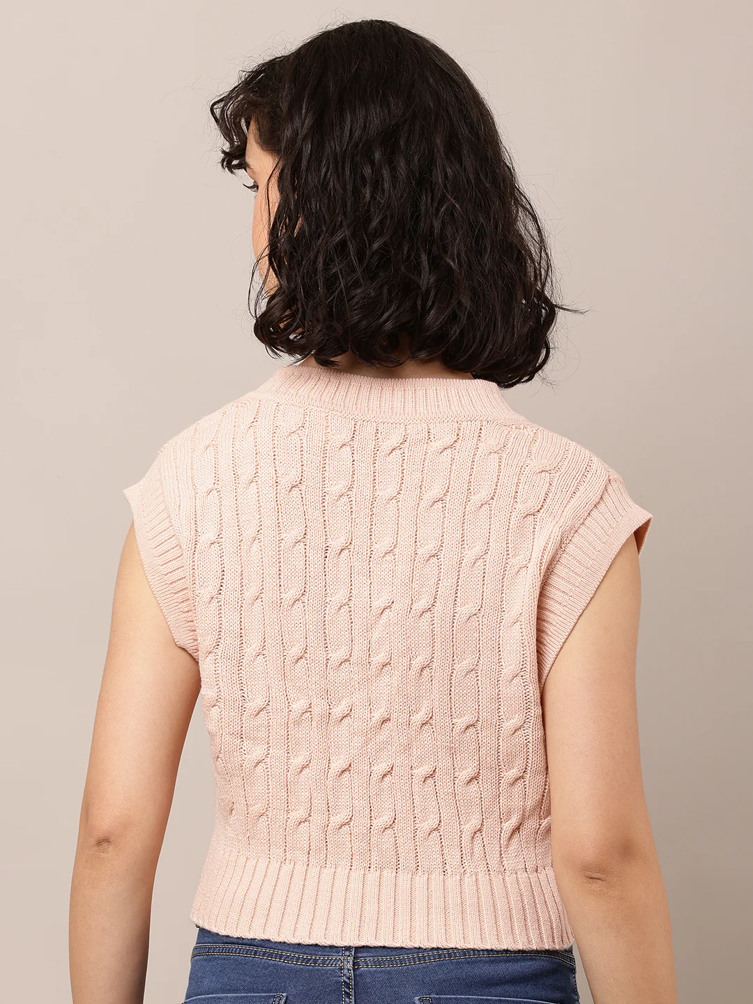 Women Pink Cable Knit V-Neck Sleeveless Vest - Image 4