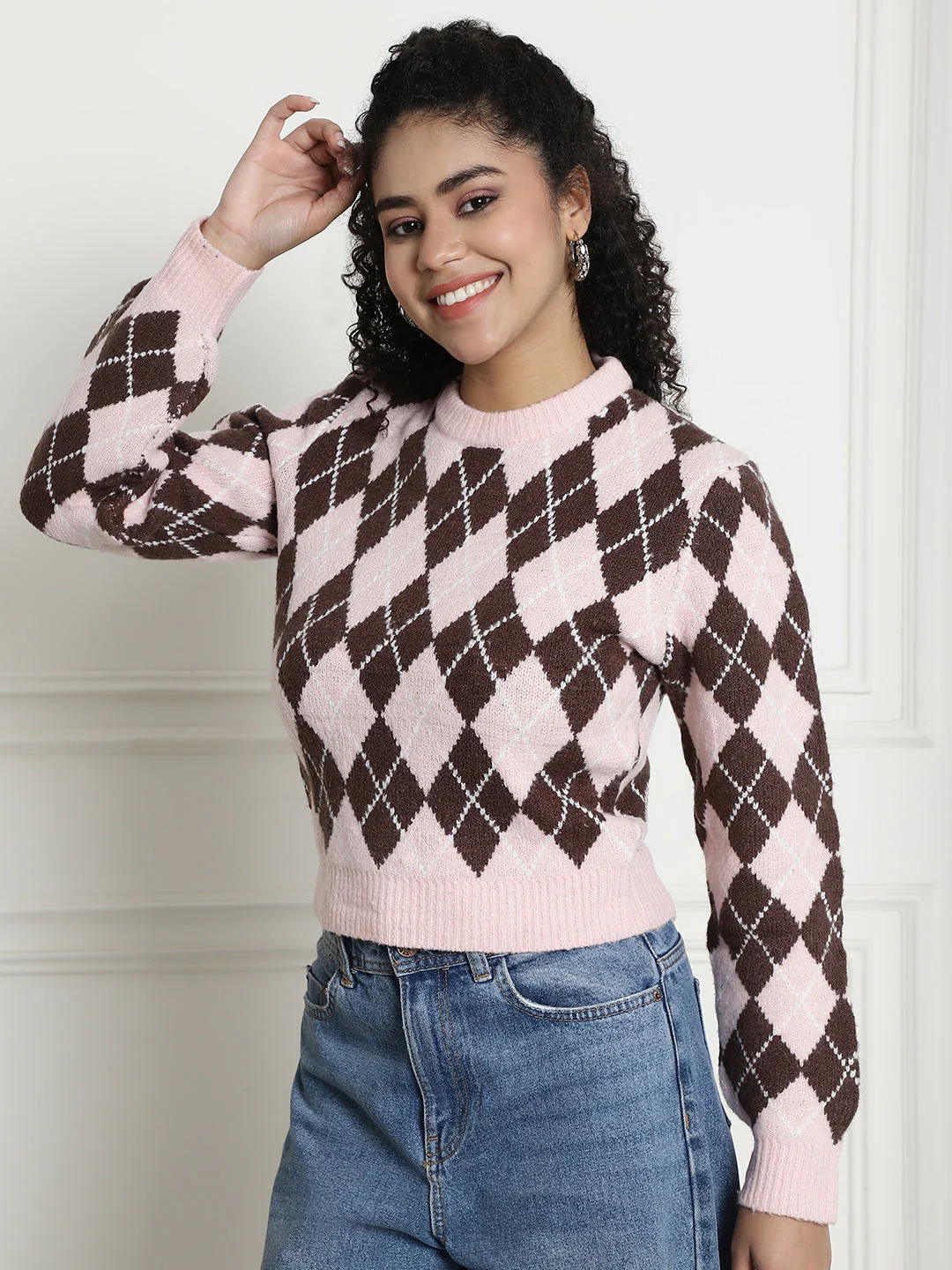 Women Pink Checkered Sweater - Image 3