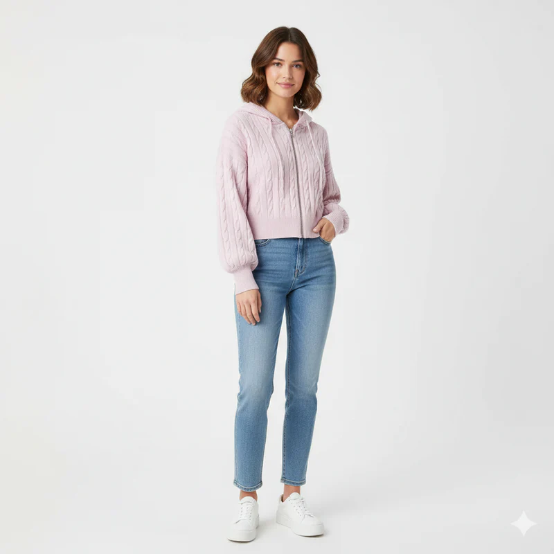 Women Pink Hooded Zip-Up Sweatshirt - Image 4