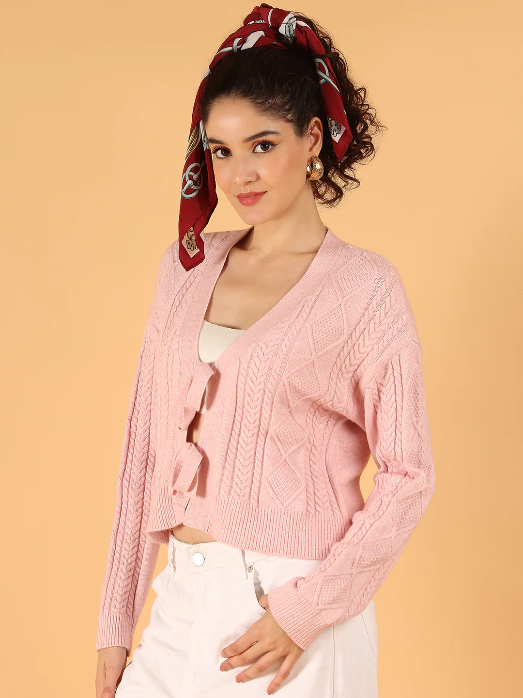 Women Pink Knit Cardigan with Bow-Tie Front - Image 2