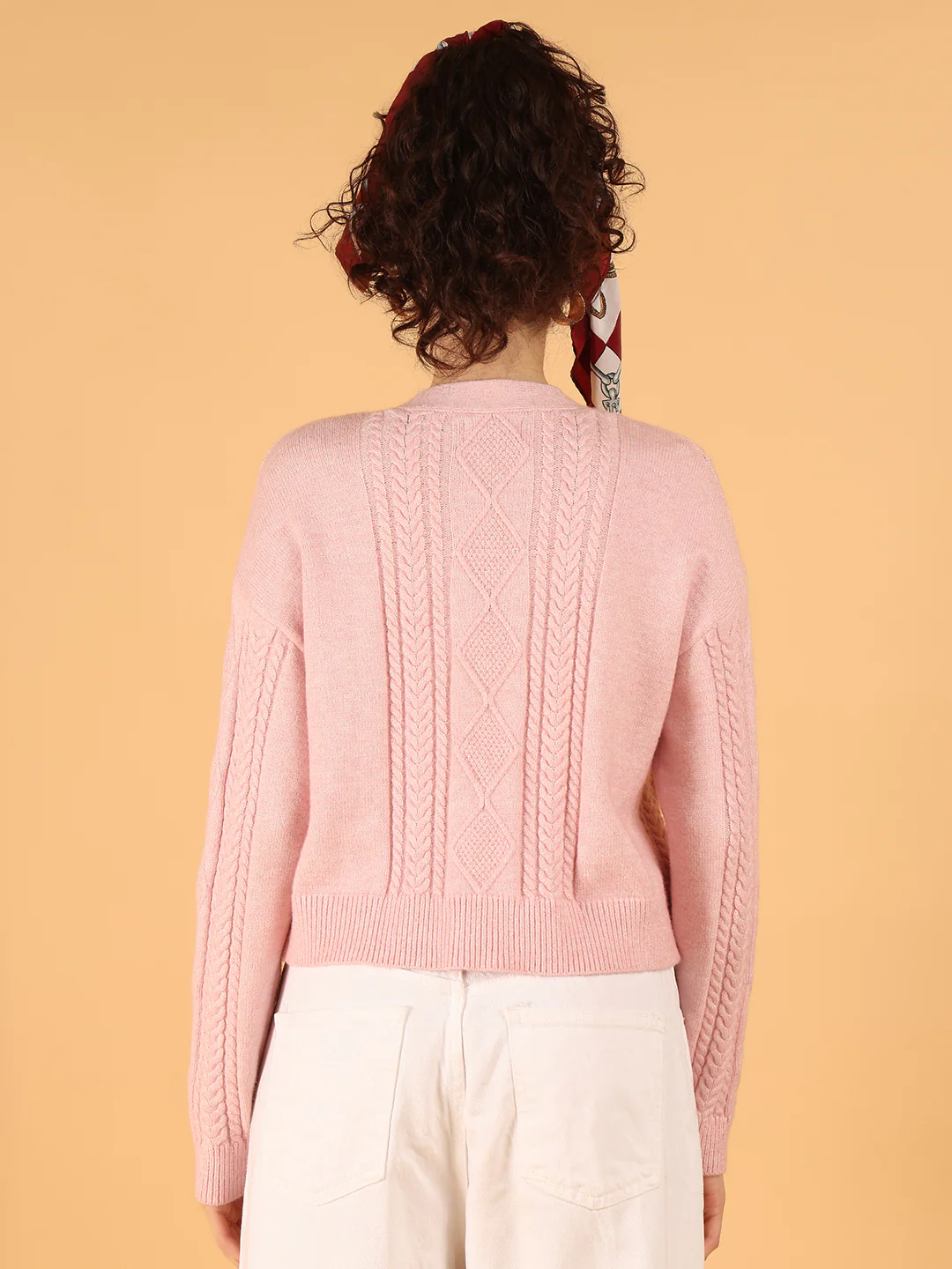 Women Pink Knit Cardigan with Bow-Tie Front - Image 4