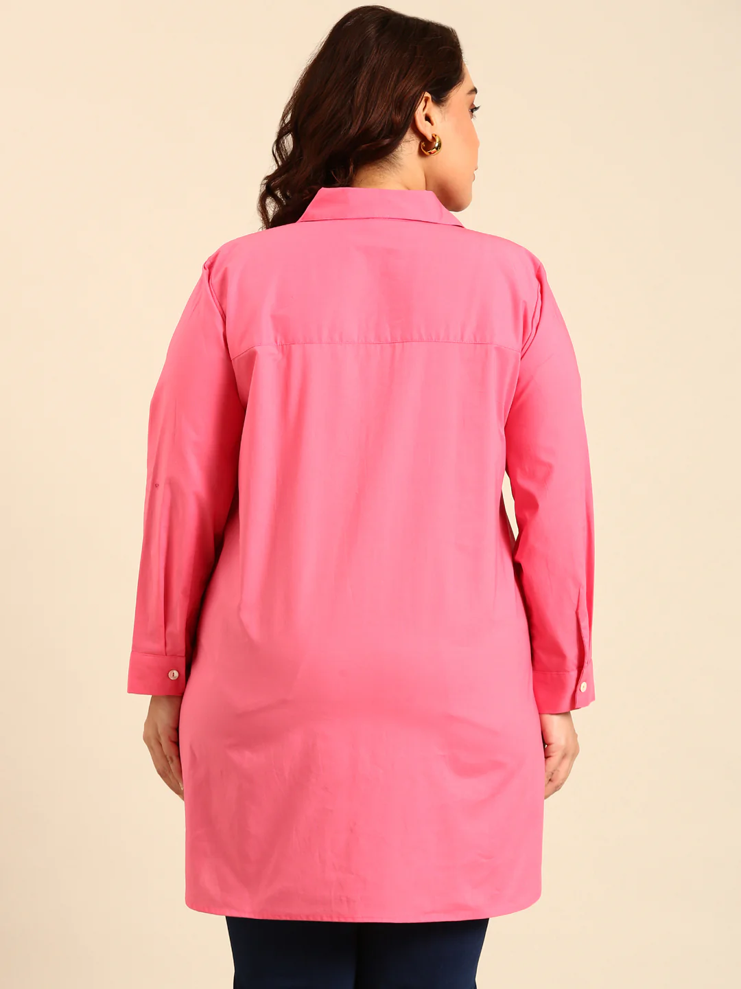 Women Pink Longline Button Down Shirt - Image 2