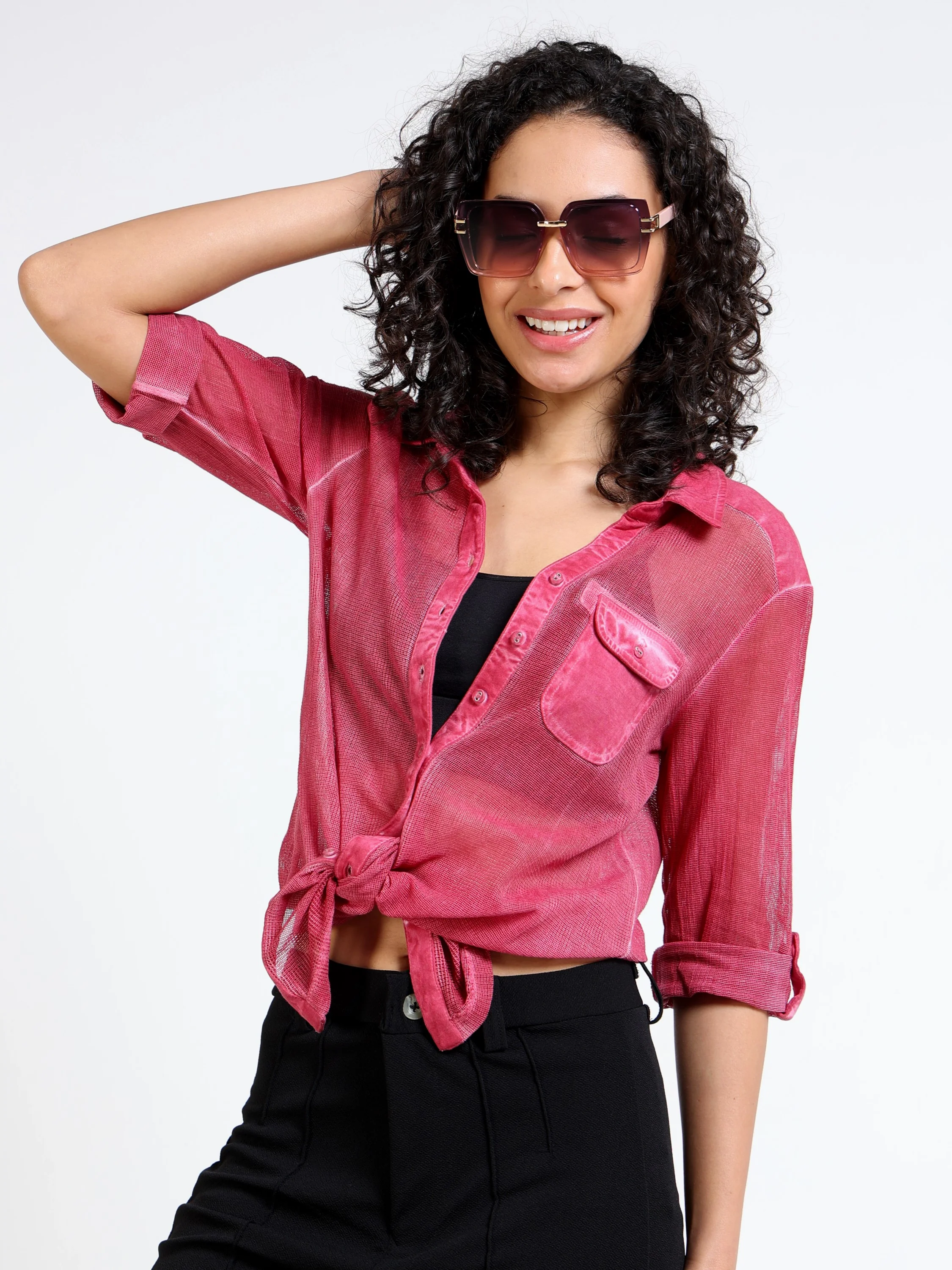 Women Pink Mesh Regular Shirt