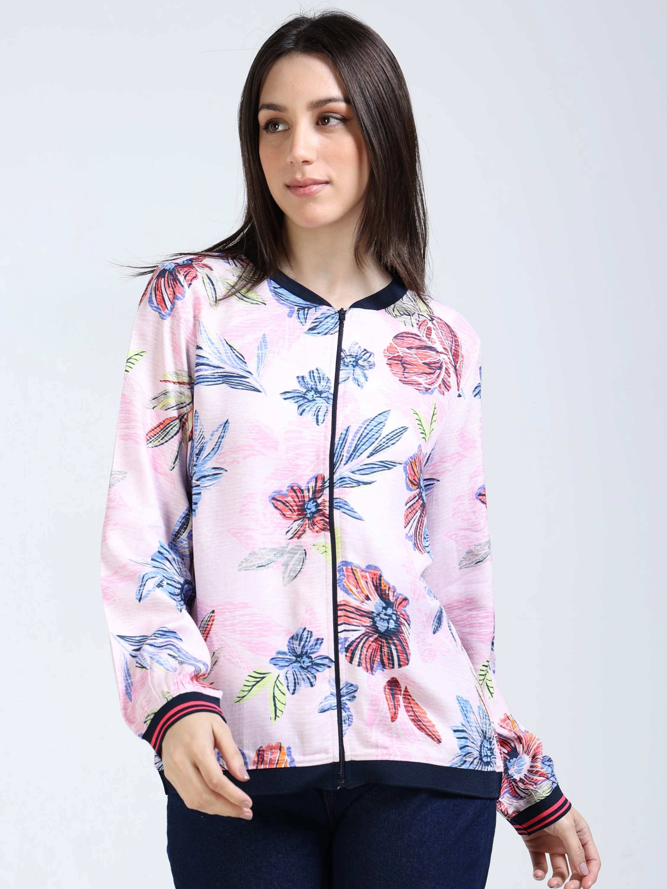 Women Pink Printed Relaxed Jacket