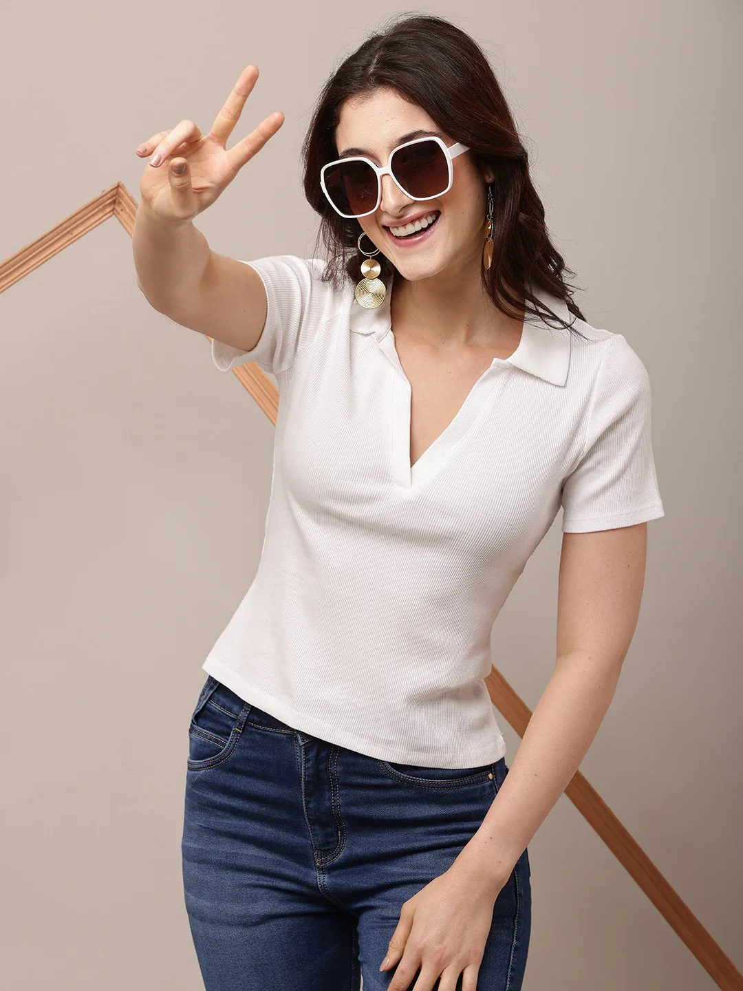 Women Polo Neck White T-shirt