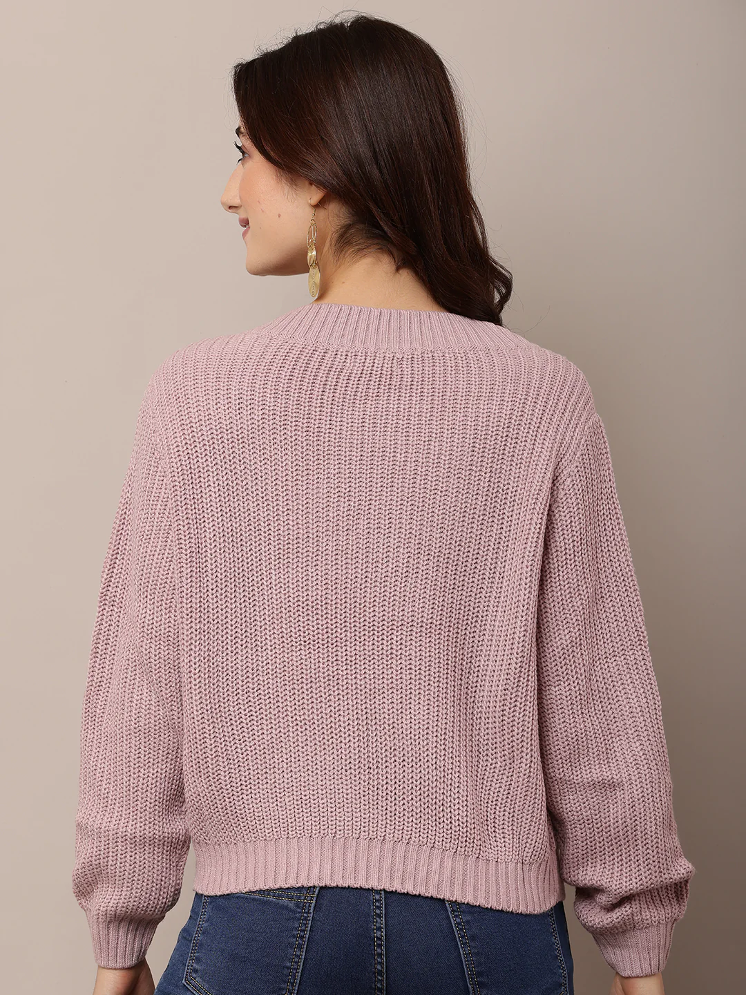 Women Purple Knitted Sweater with V-Neck - Image 4