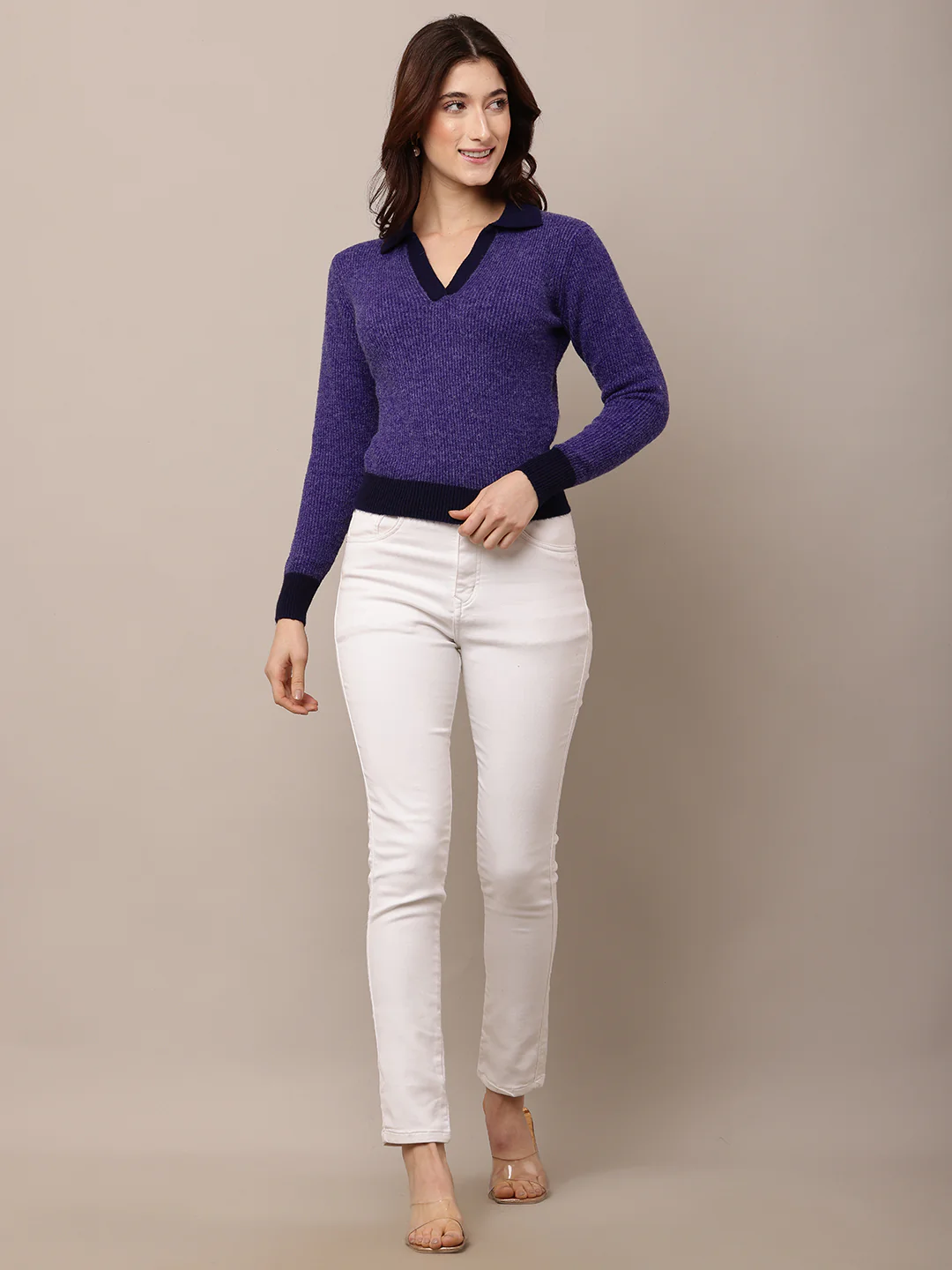 Women Purple Nylon V-Neck Full Sleeve Sweater - Image 3