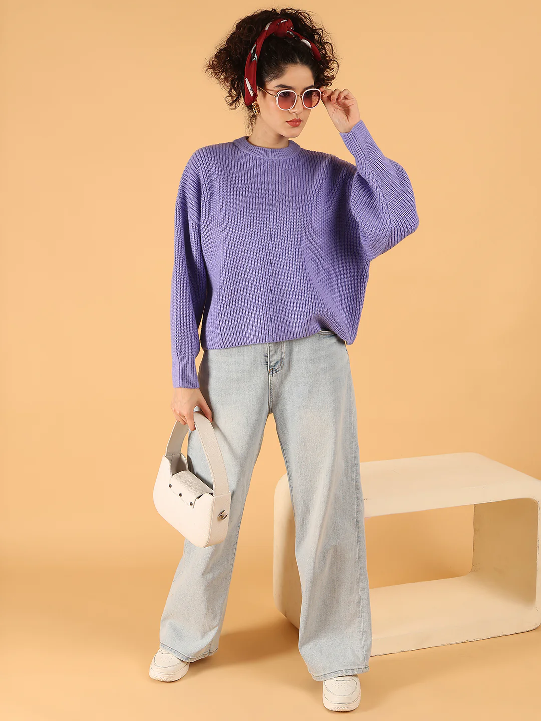 Women Purple Ribbed Relaxed Crew Neck Sweater - Image 3