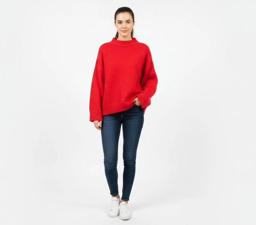 Women Red Acrylic Full Sleeve Cozy High Neck Sweater