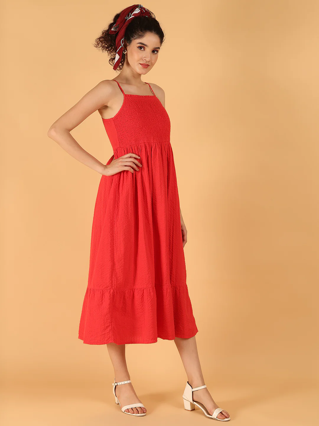 Women Red Cotton Smocked Midi Summer Dress - Image 2