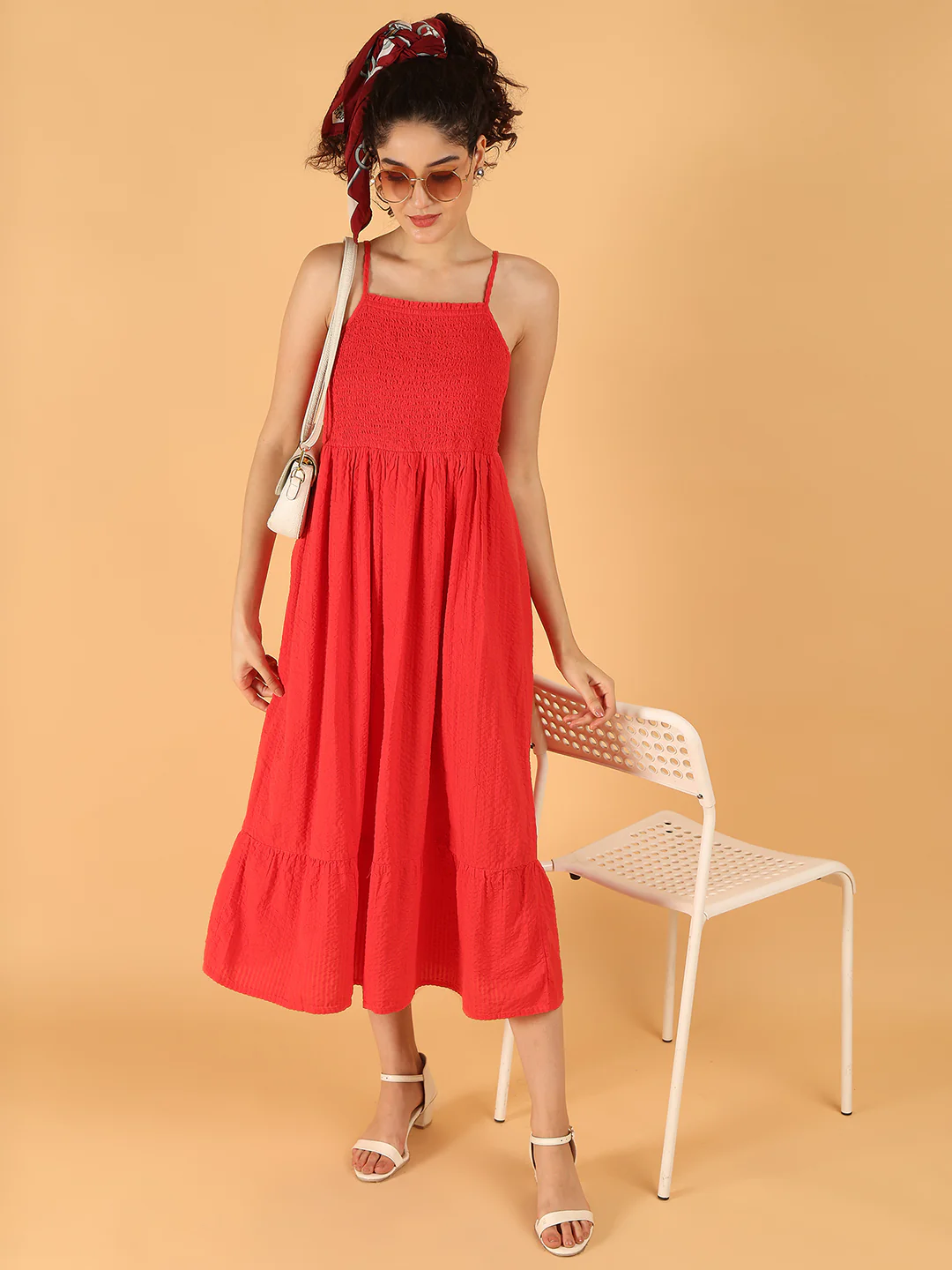 Women Red Cotton Smocked Midi Summer Dress - Image 3