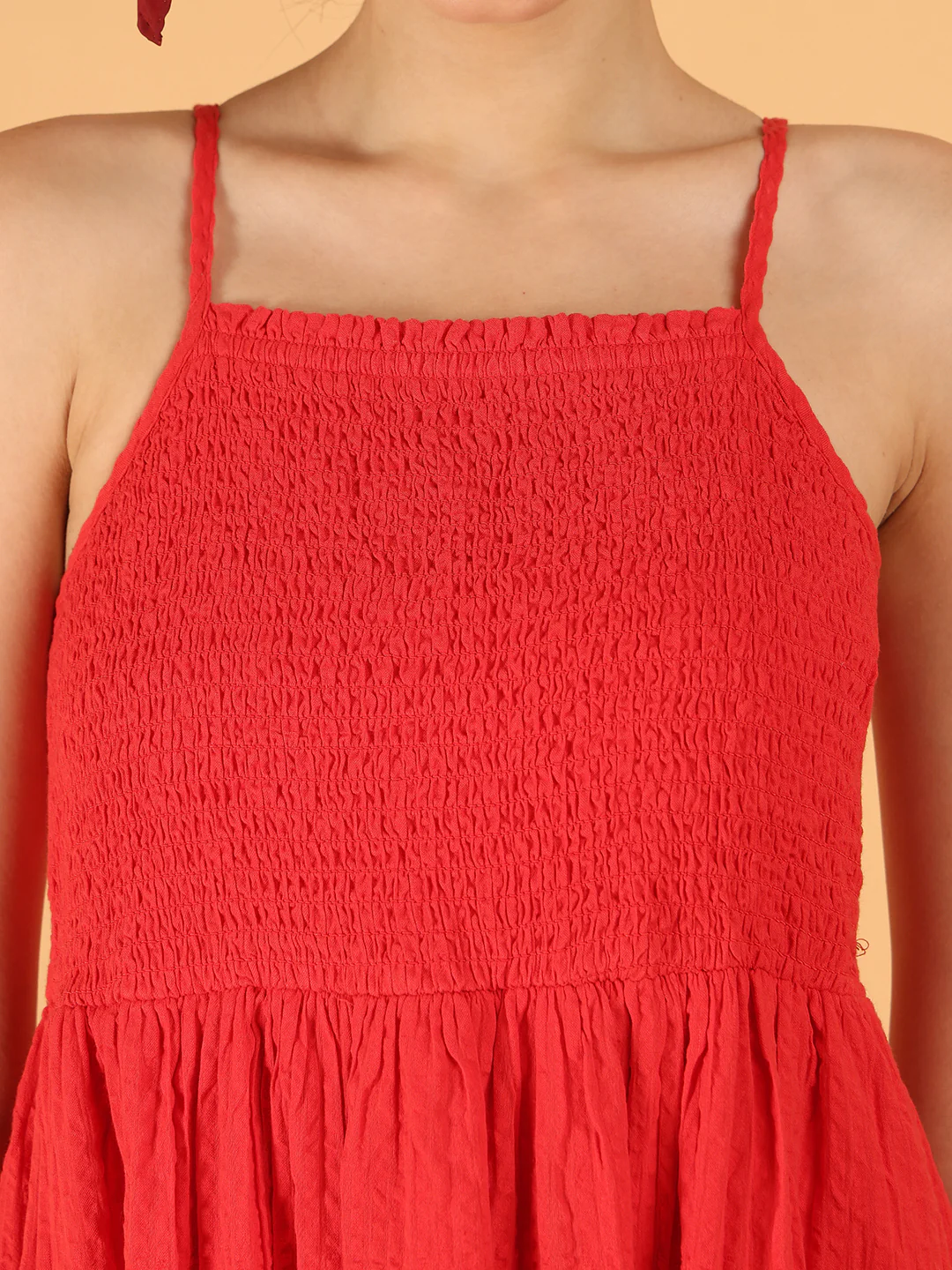 Women Red Cotton Smocked Midi Summer Dress - Image 5