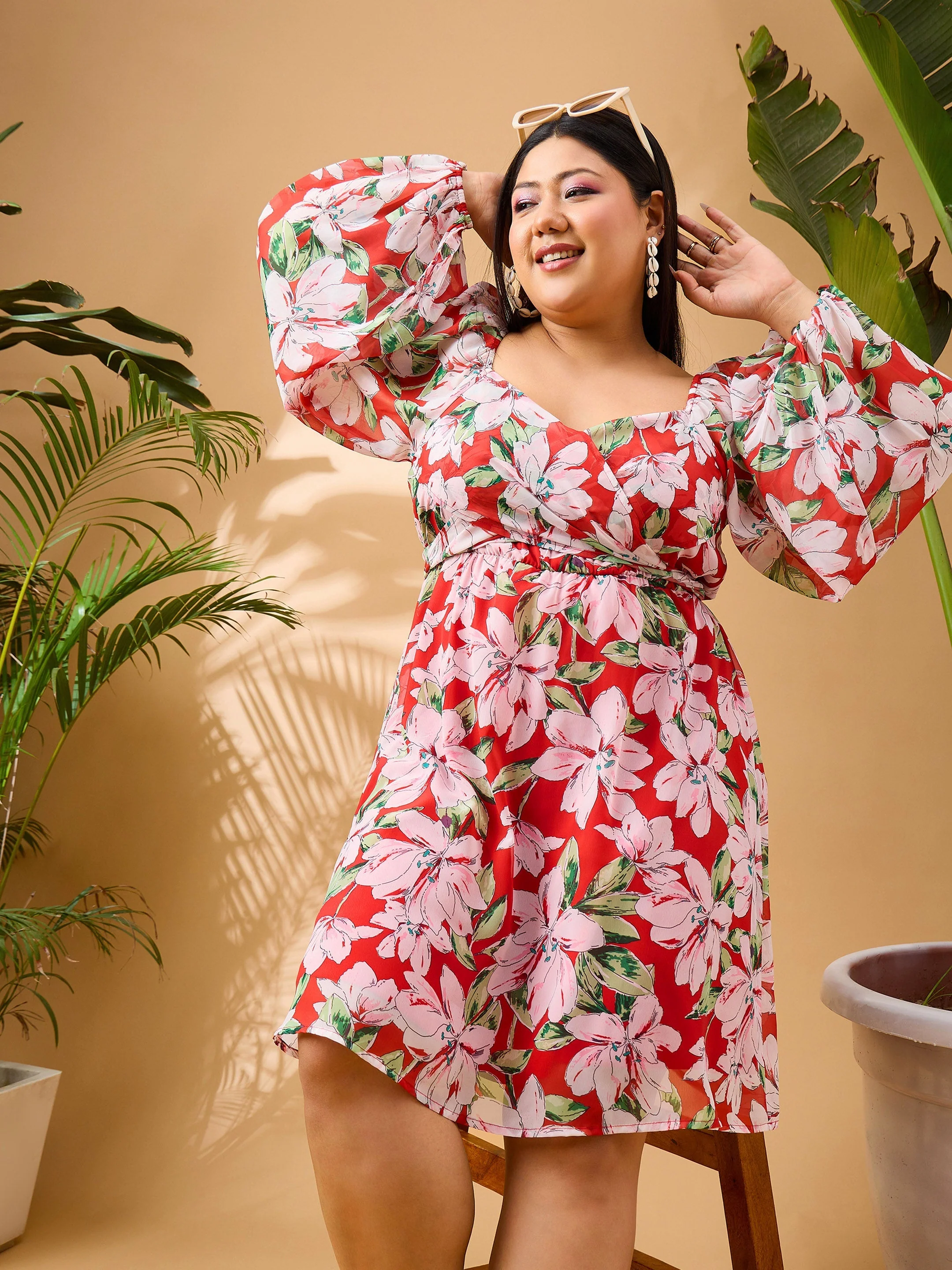 Women Red Floral  Skater Dress