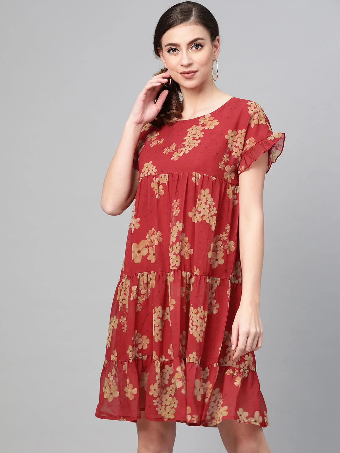 Women Red Floral Tiered Trapeze Dress