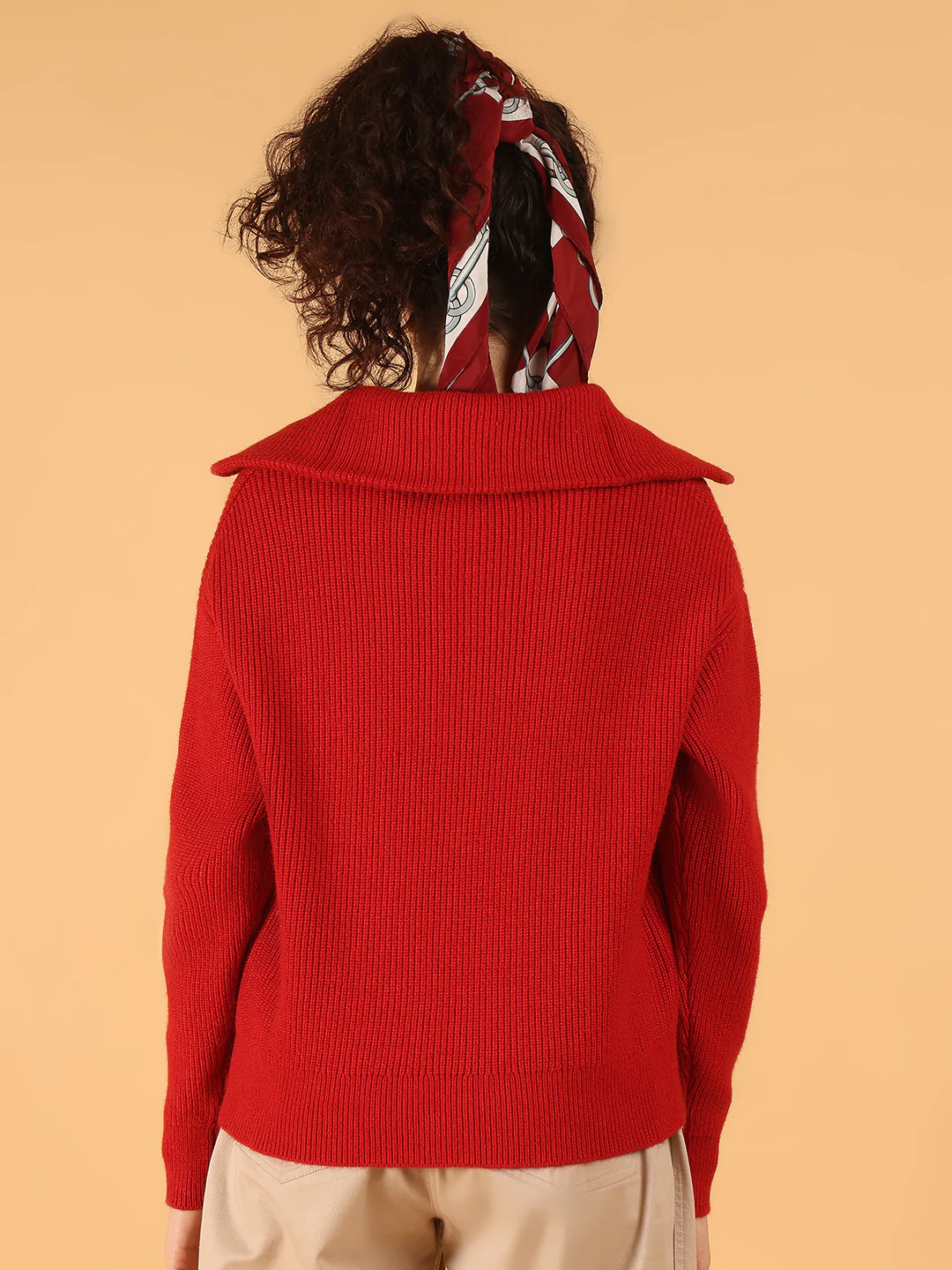 Women Red Half-Zip Knit Sweatshirt with Collar - Image 4