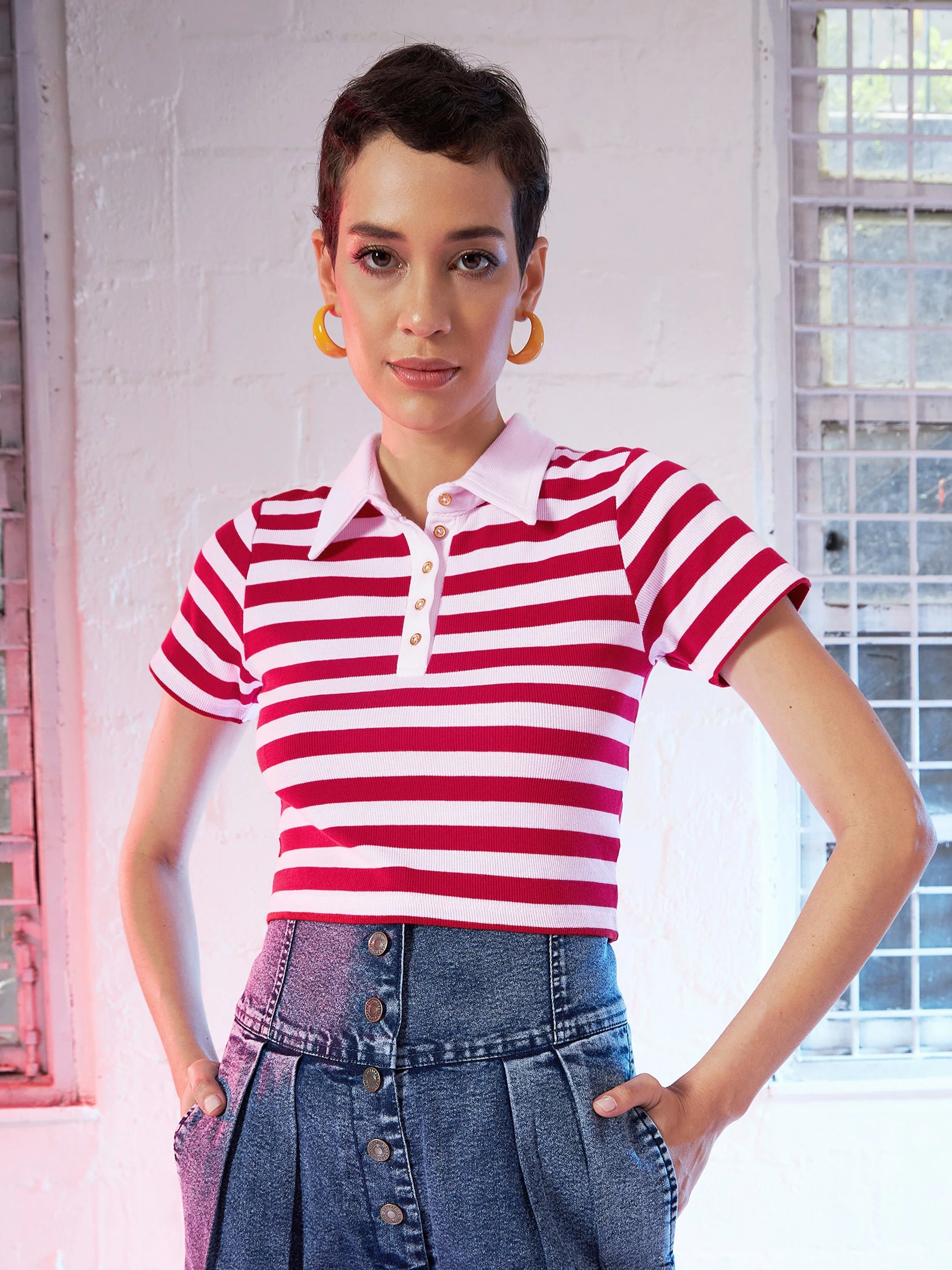 Women Red & Pink Striped Crop Polo T-Shirt