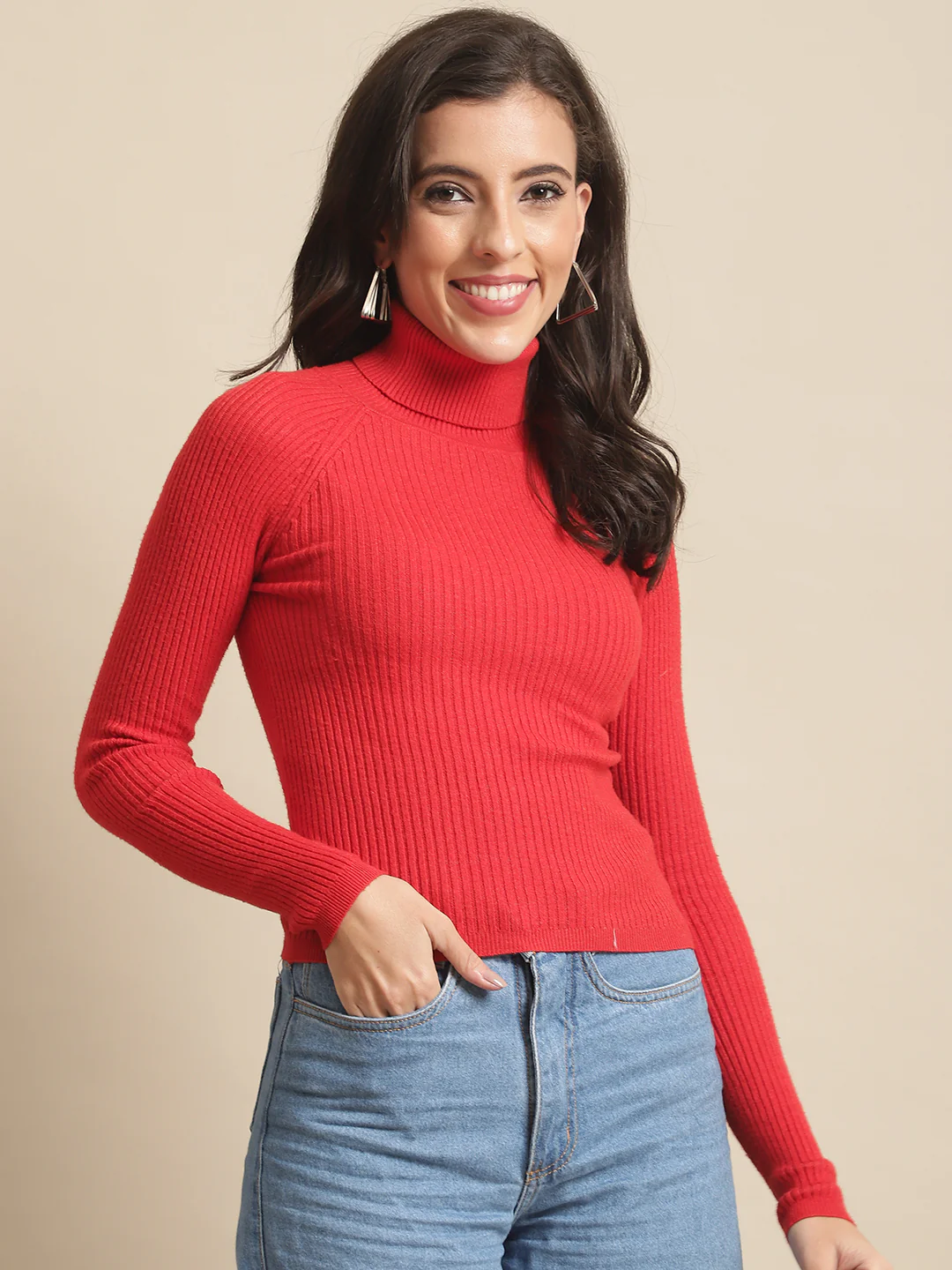 Women Red Ribbed Viscose Sweater - Image 3