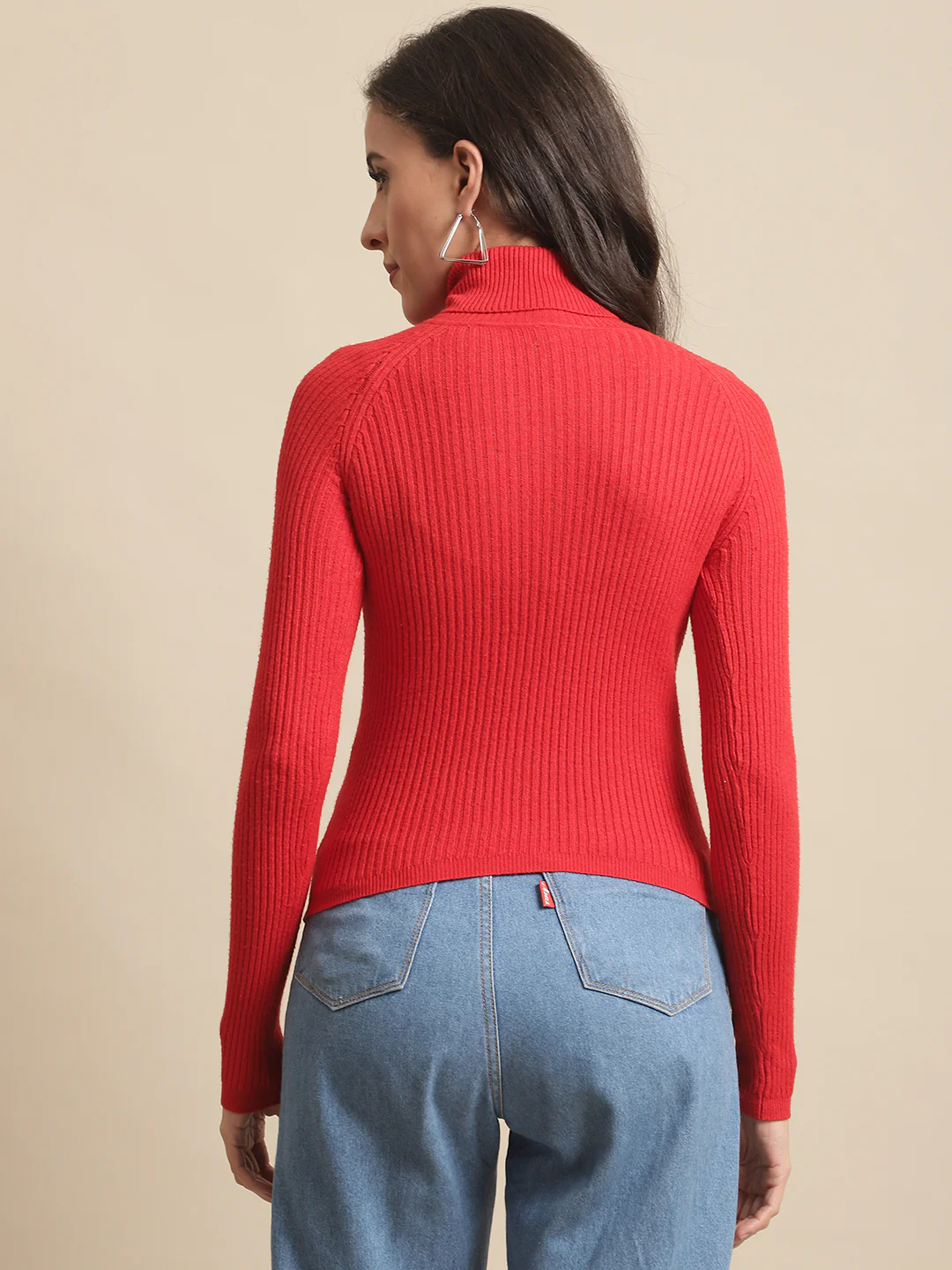 Women Red Ribbed Viscose Sweater - Image 4