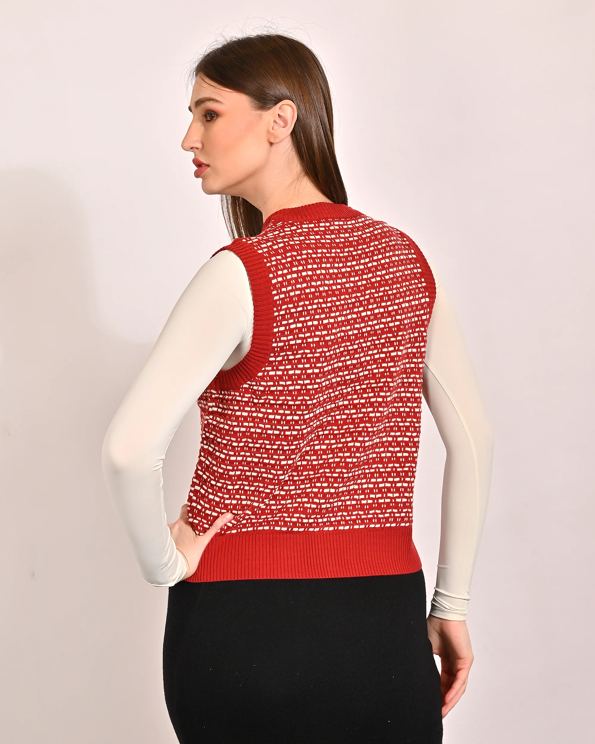 Women Red V Neck Vest Sweater - Image 3