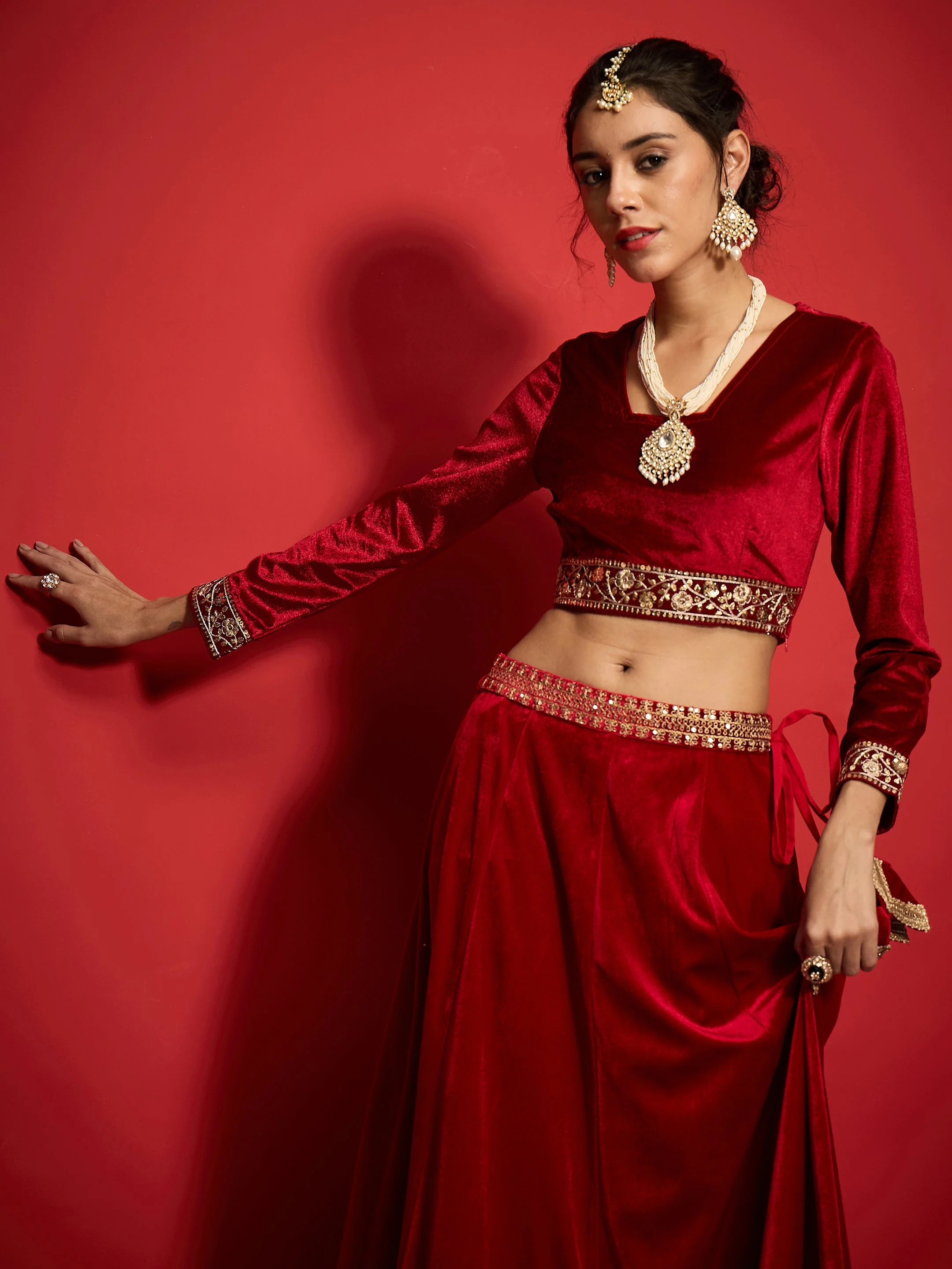 Women Red Velvet Square Neck Crop Top