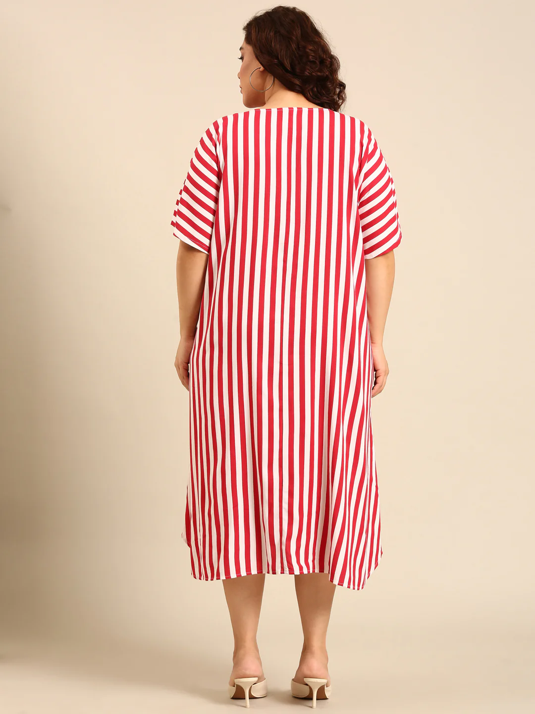 Women Red-White Striped Dress - Image 2