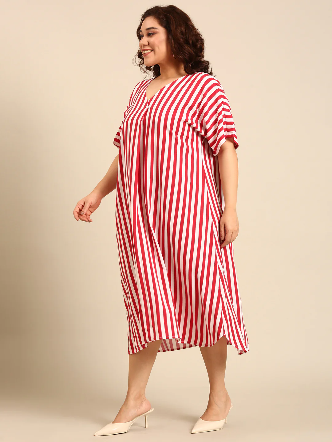 Women Red-White Striped Dress - Image 3