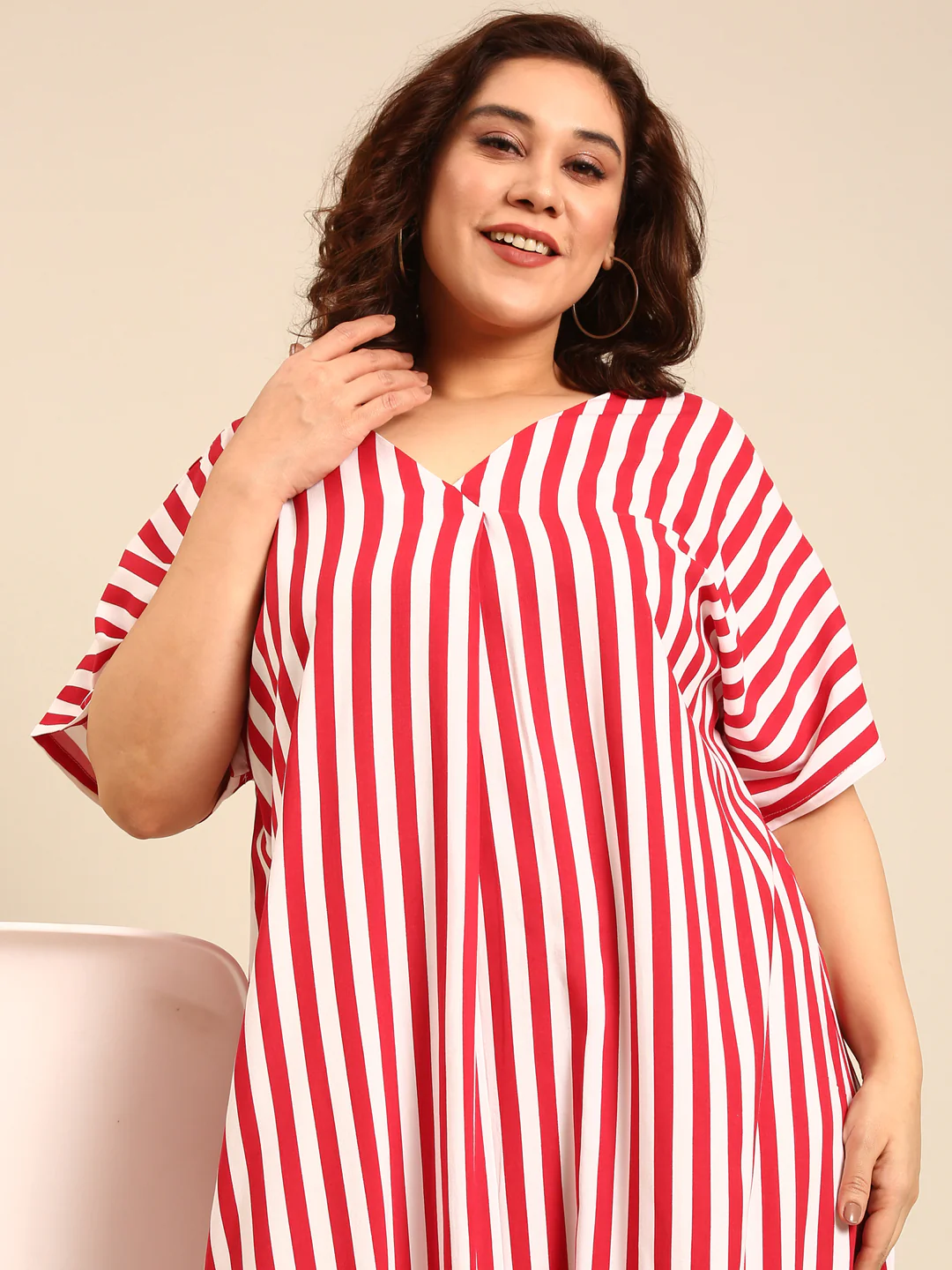 Women Red-White Striped Dress - Image 6