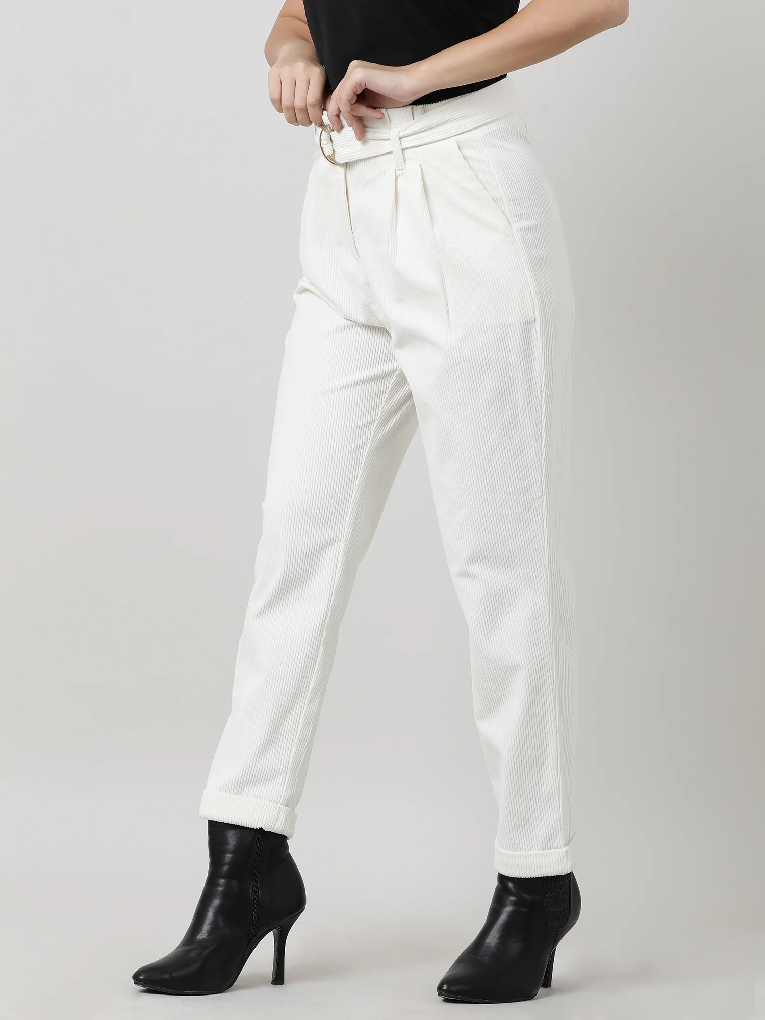 Women Regular Fit Cream Ribbed Pants With Belt - Image 6