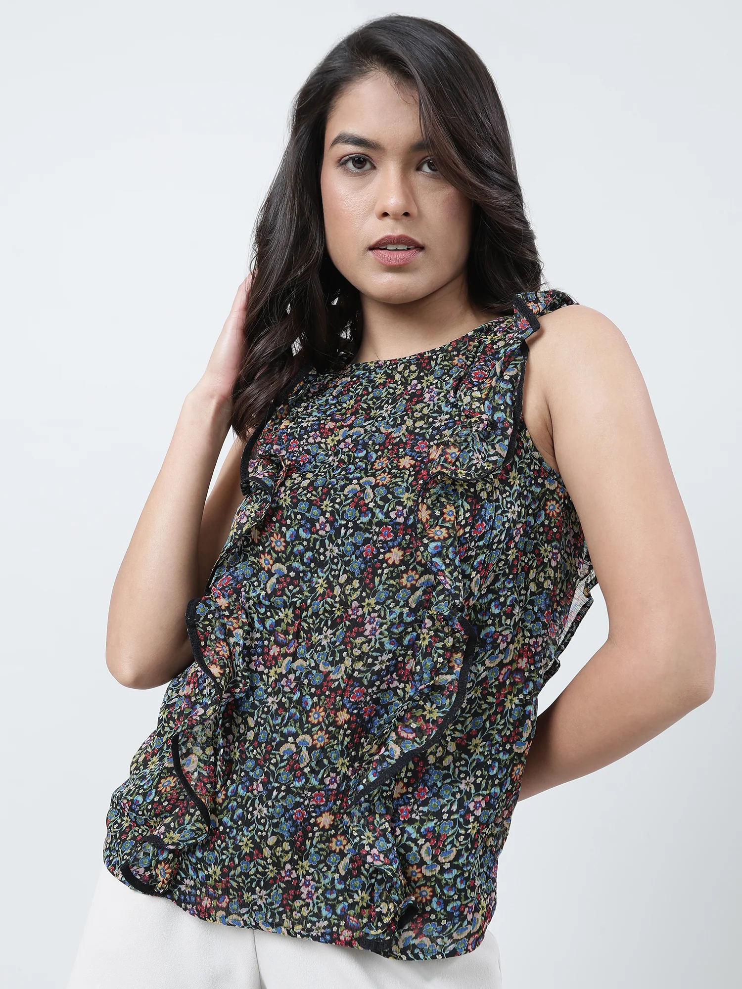 Women Regular Fit Printed Black Sleeveless Top - Image 2