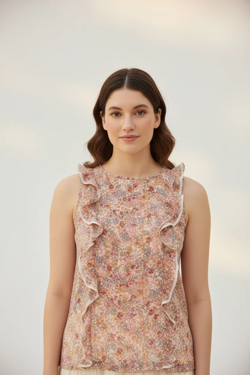 Women Regular Fit Printed Pink Top With Frilled Neckline