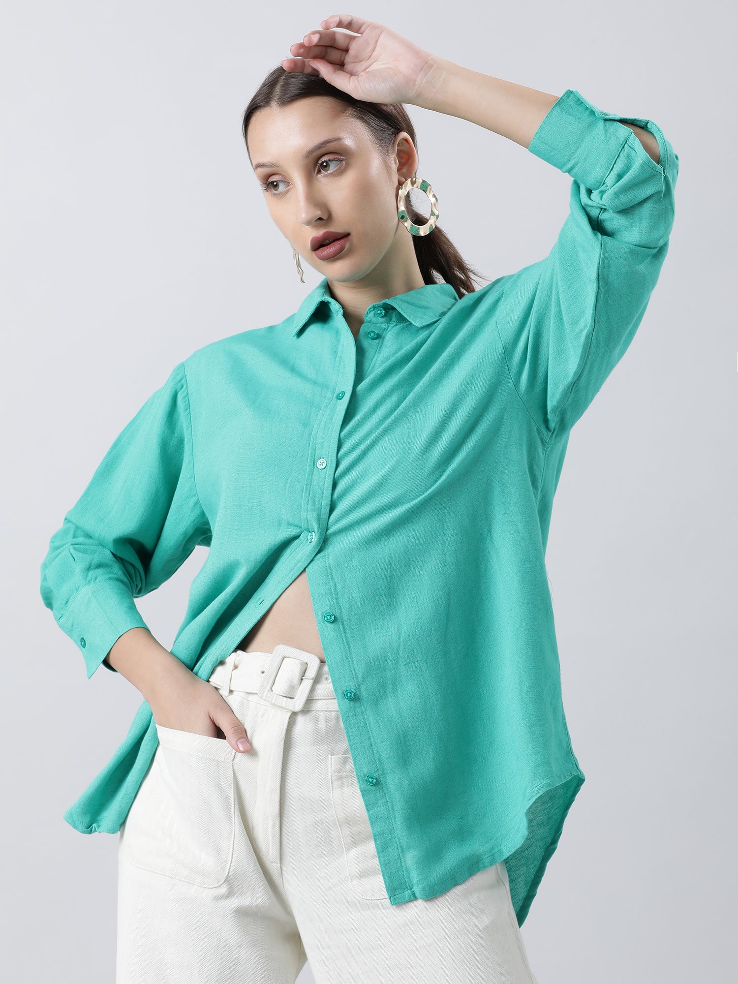Women Regular Fit Textured Green Shirt - Image 2