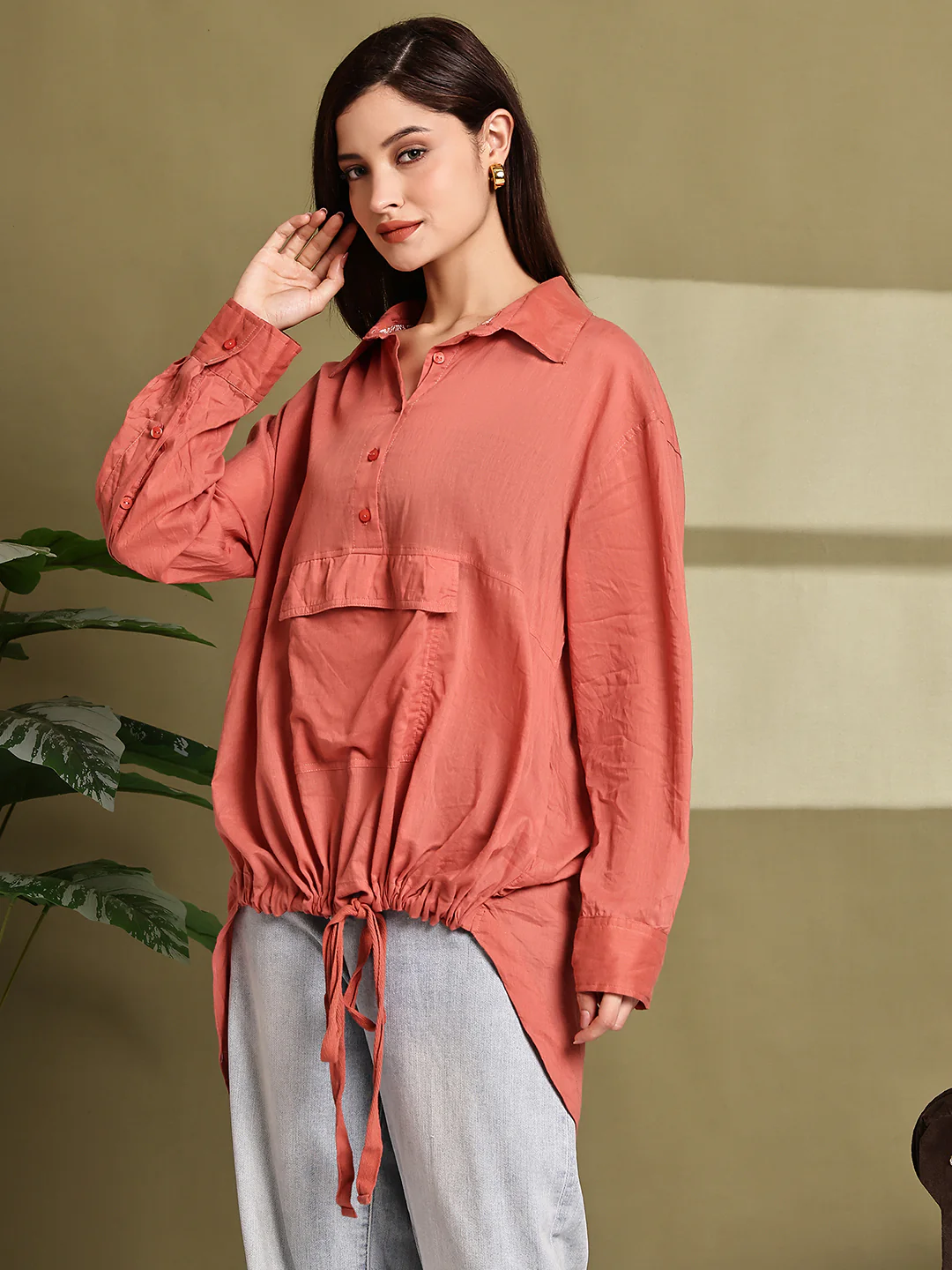 Women Rust Cotton Longline Shirt - Image 4