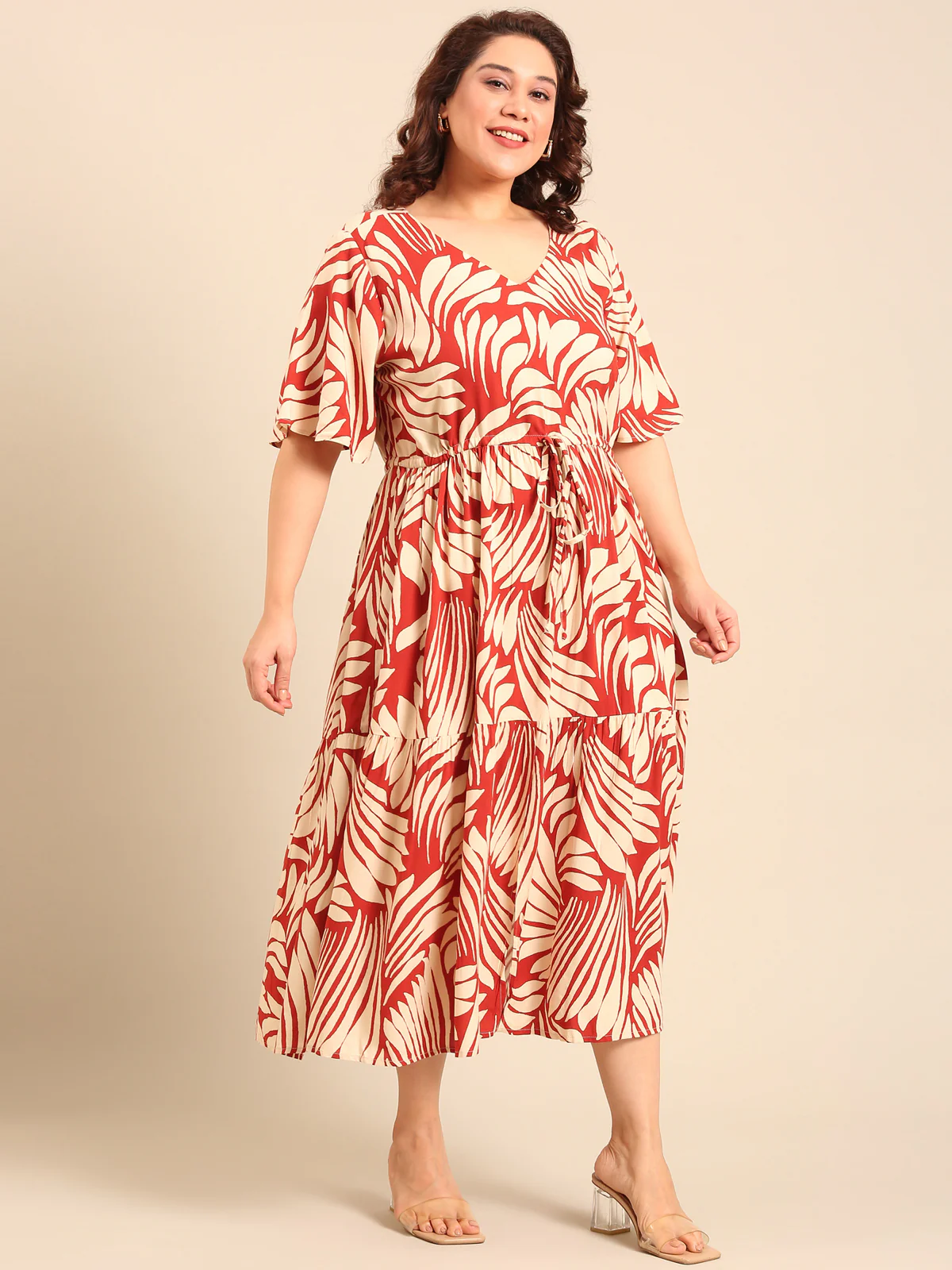Women Rust Leaf Printed Dress - Image 3