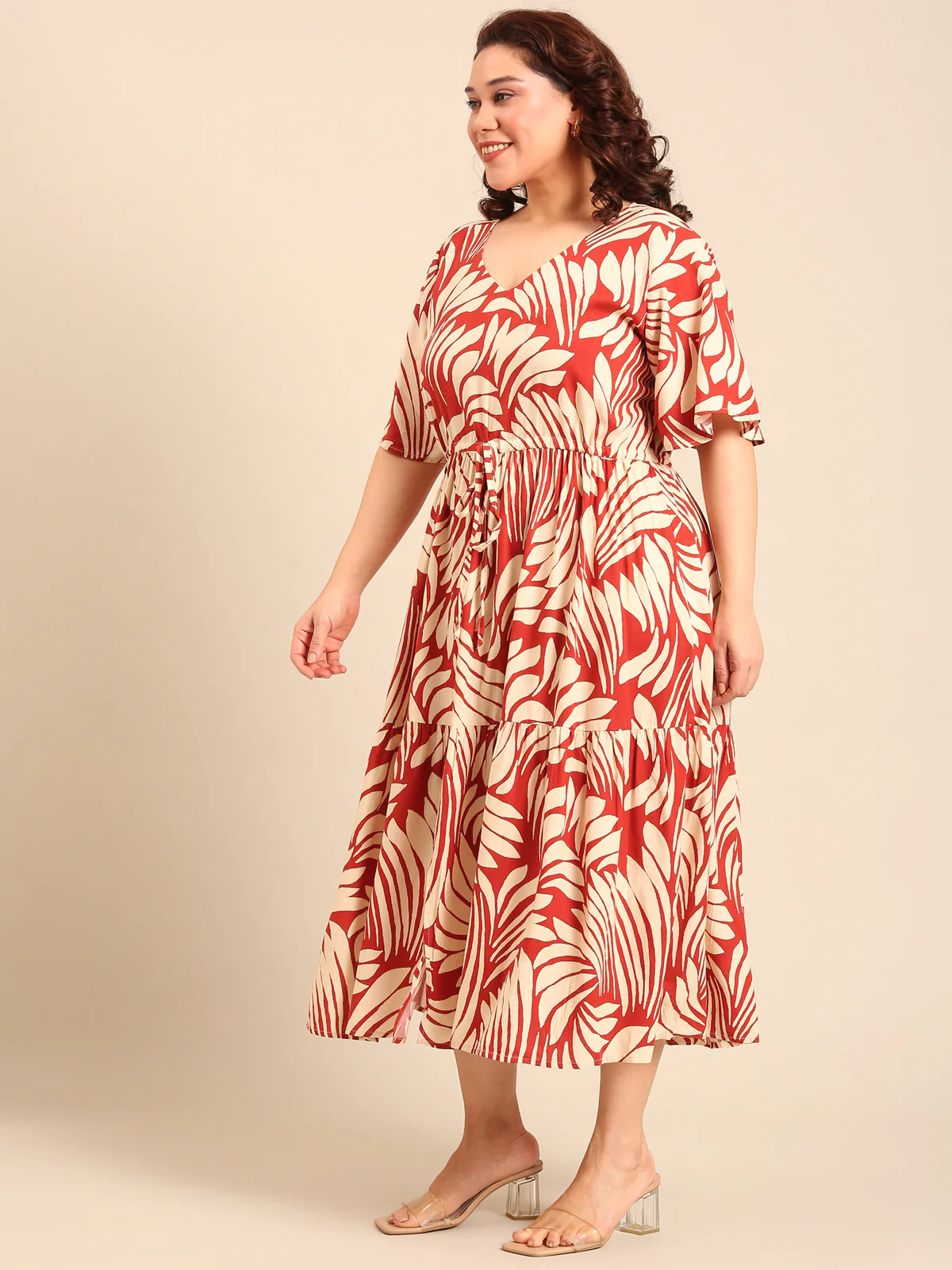 Women Rust Leaf Printed Dress - Image 5