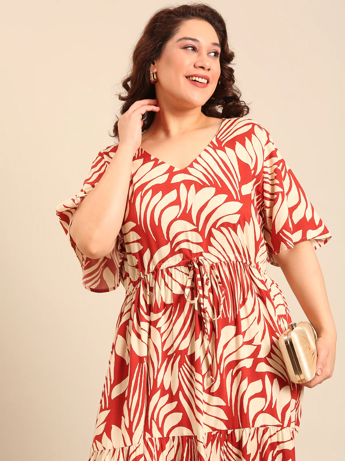 Women Rust Leaf Printed Dress - Image 6