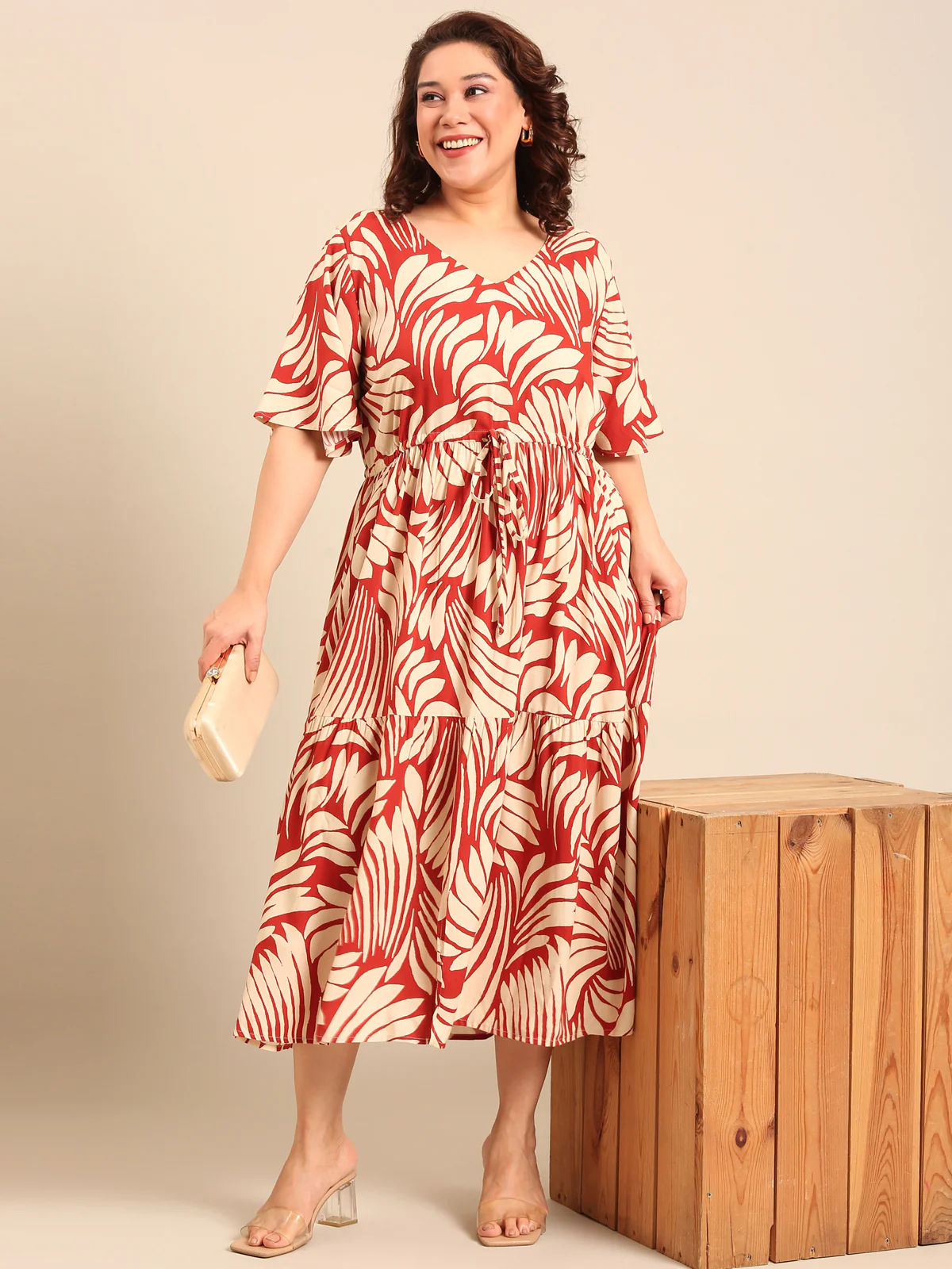 Women Rust Leaf Printed Dress - Image 7