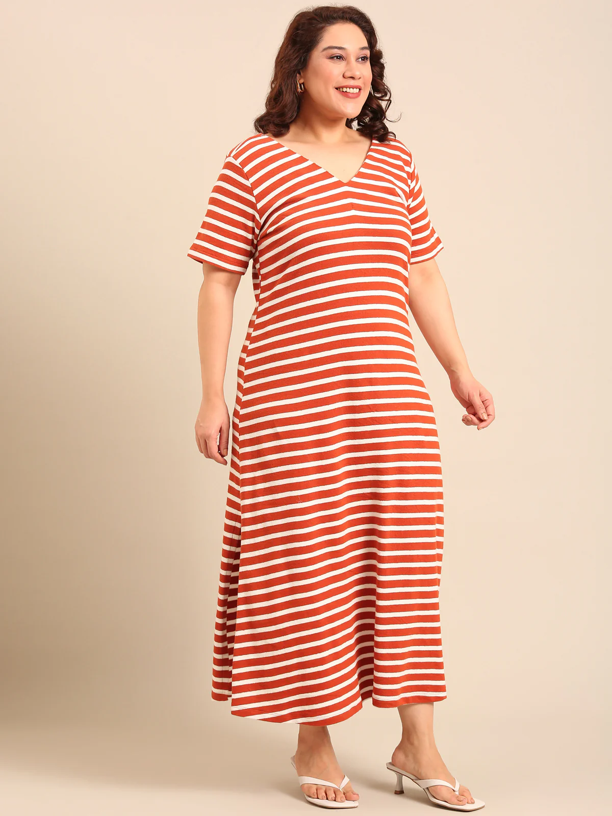 Women Rust Striped A-Line Dress - Image 3