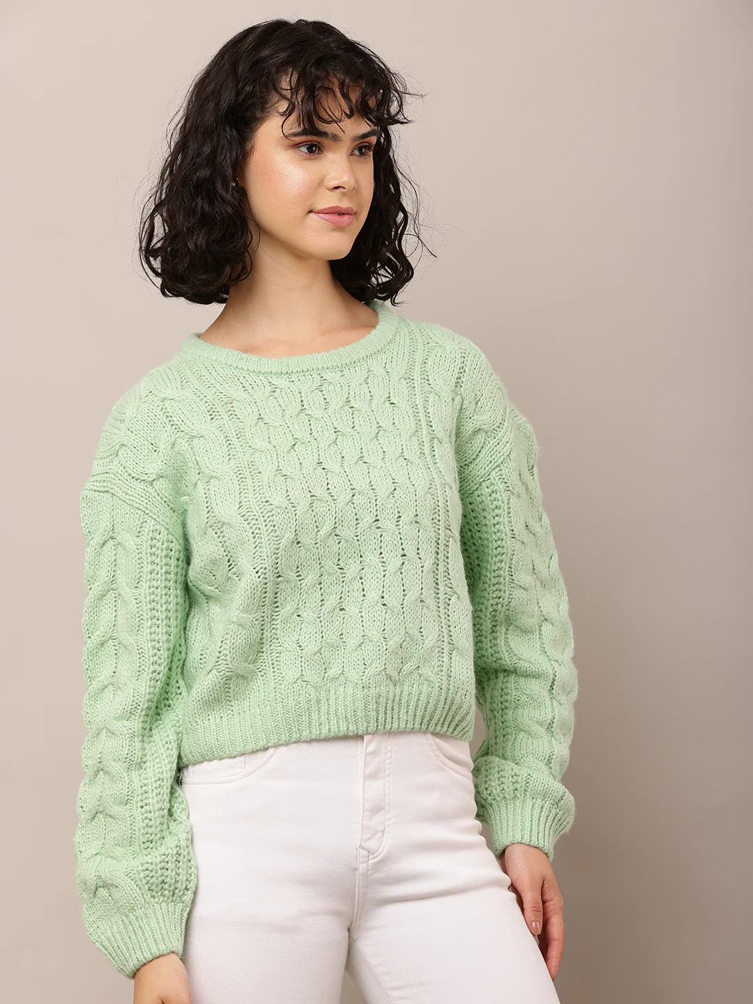 Women Sea Green Cable Knit Acrylic Sweater - Image 2