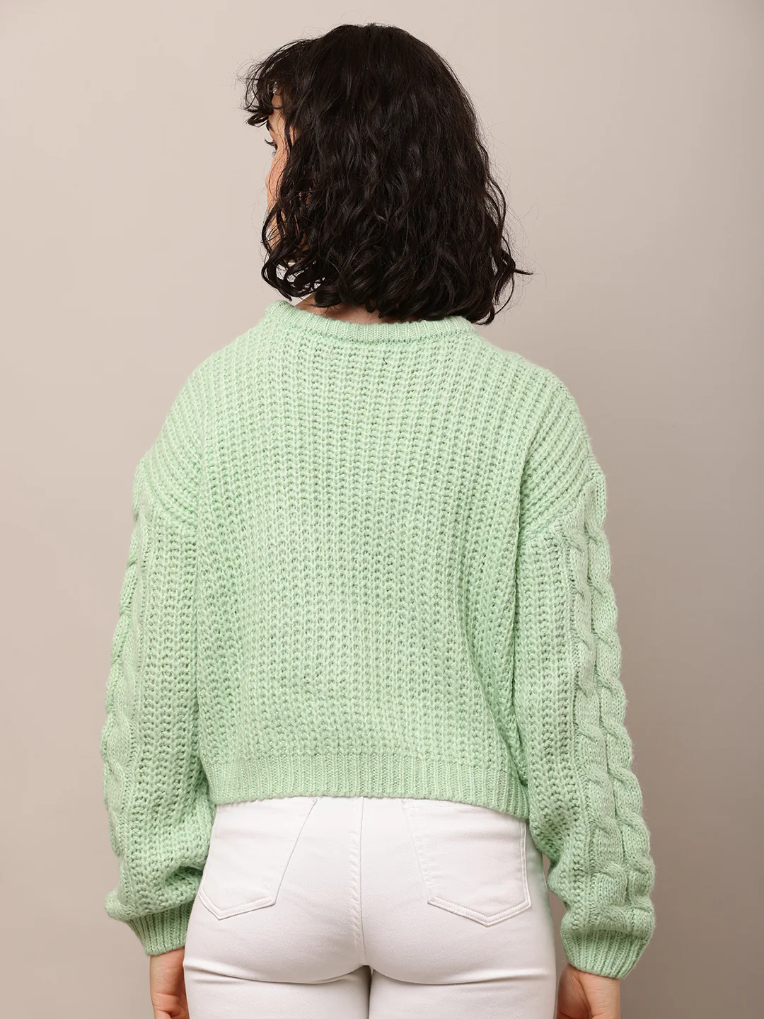 Women Sea Green Cable Knit Acrylic Sweater - Image 4