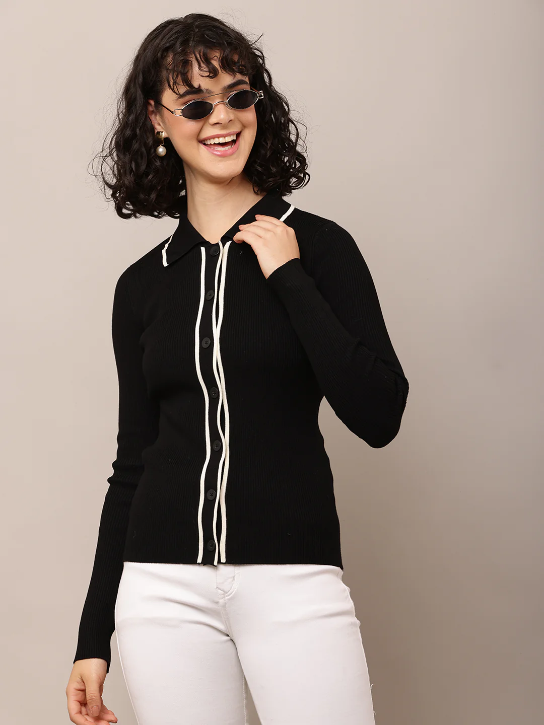 Women Shirt Collar Ribbed Black Shirt - Image 2