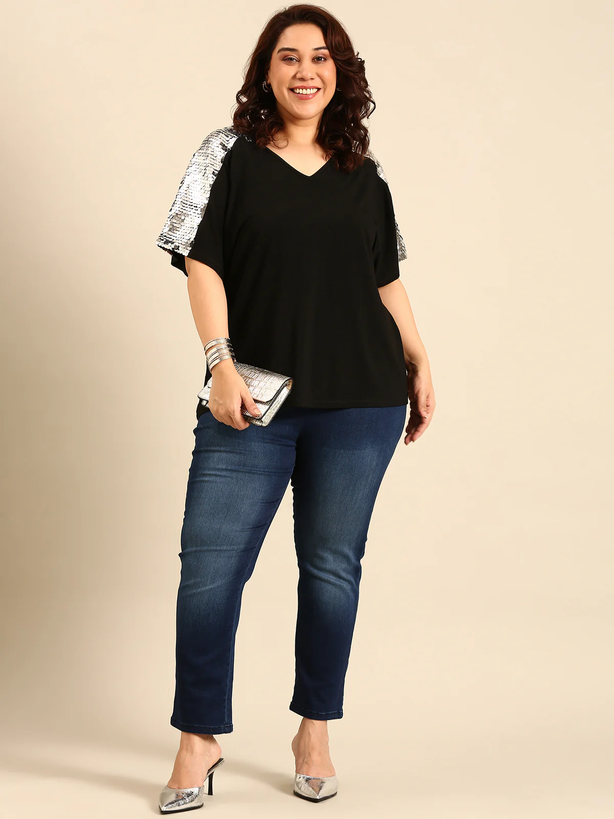 Women Silver Sequin Embellished Black Top - Image 5