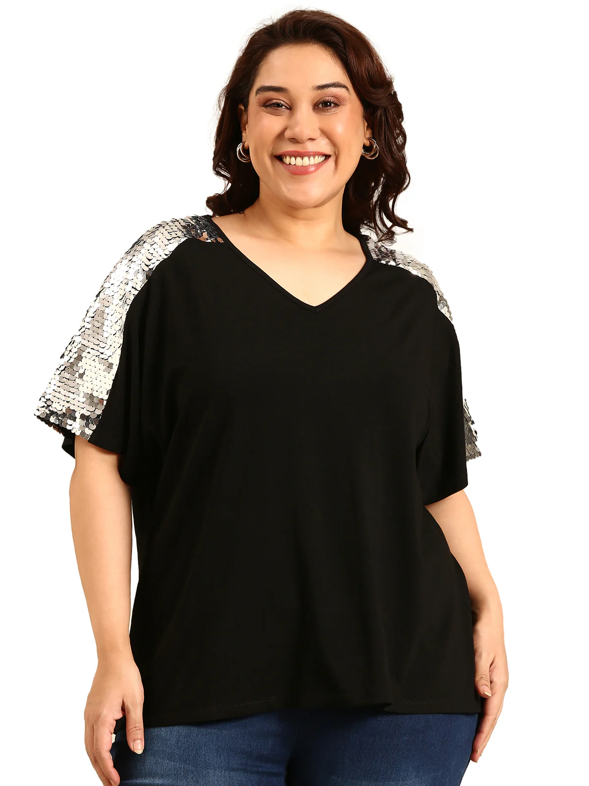 Women Silver Sequin Embellished Black Top - Image 6