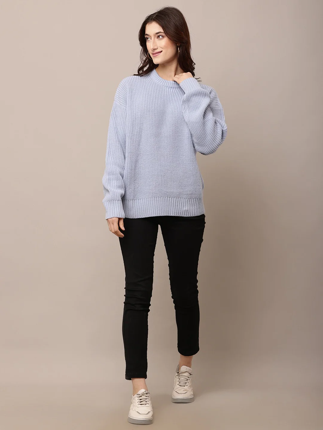 Women Sky Blue Baggy Sweater with Round Neck - Image 3