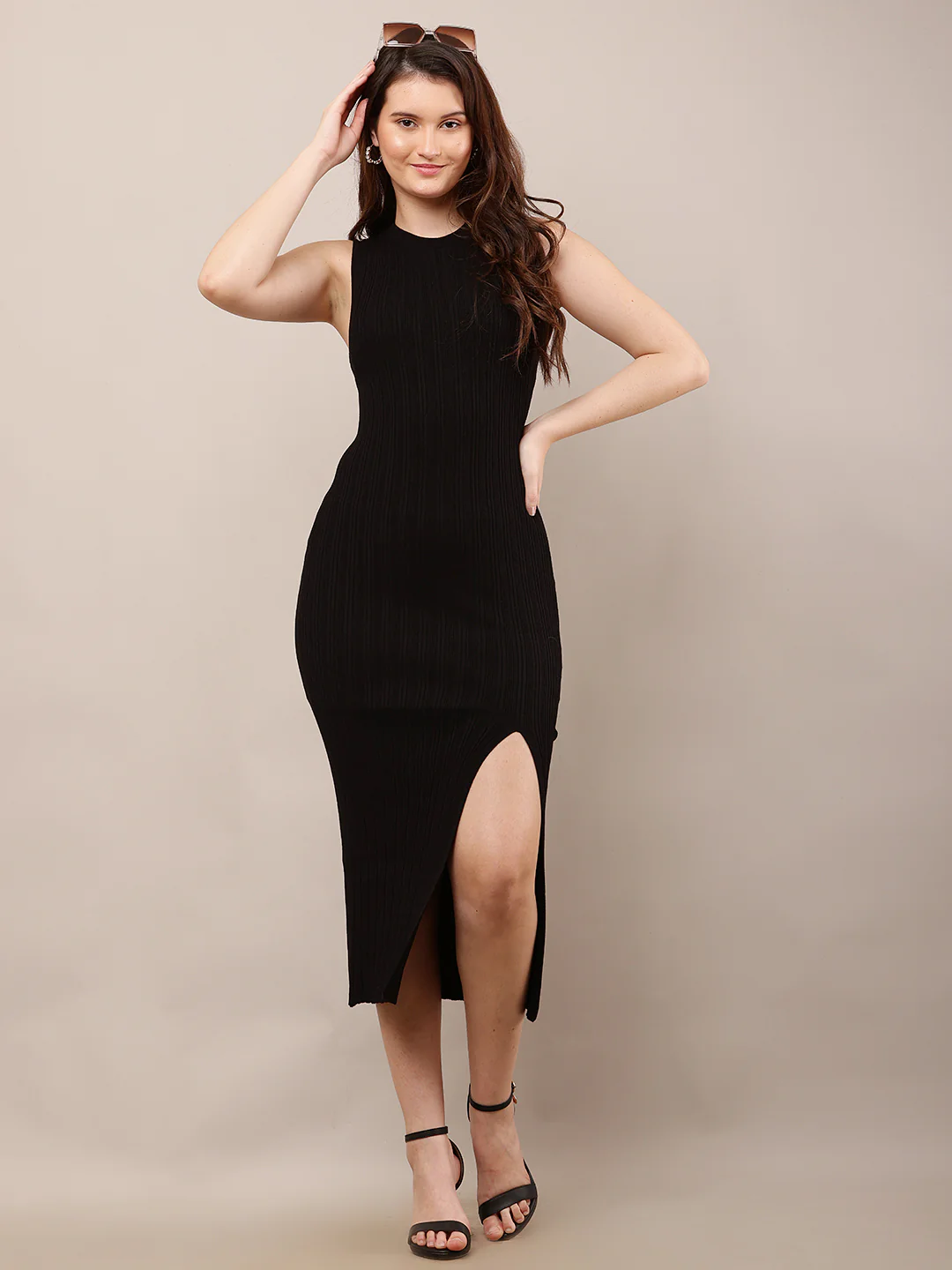 Women Sleeveless Crew Neck Black Bodycon Dress