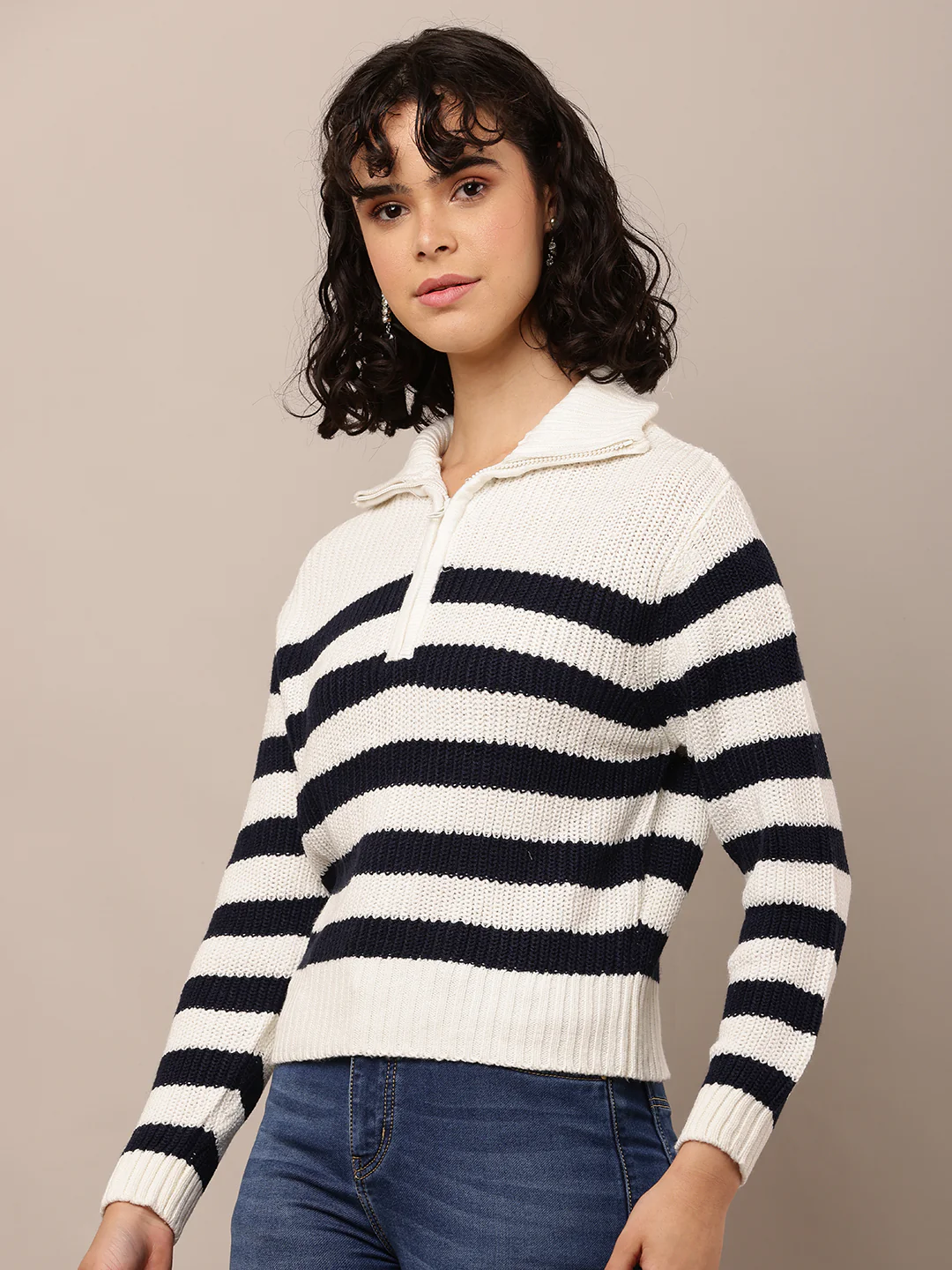 Women Striped Shirt Collar White Black Sweater - Image 2