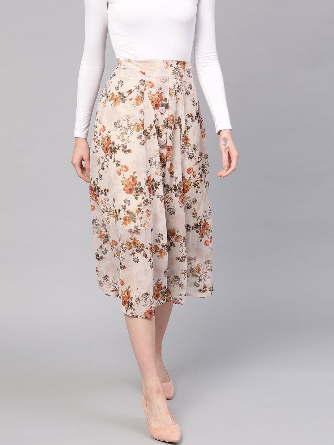 Women Taupe Floral A-Line Skirt